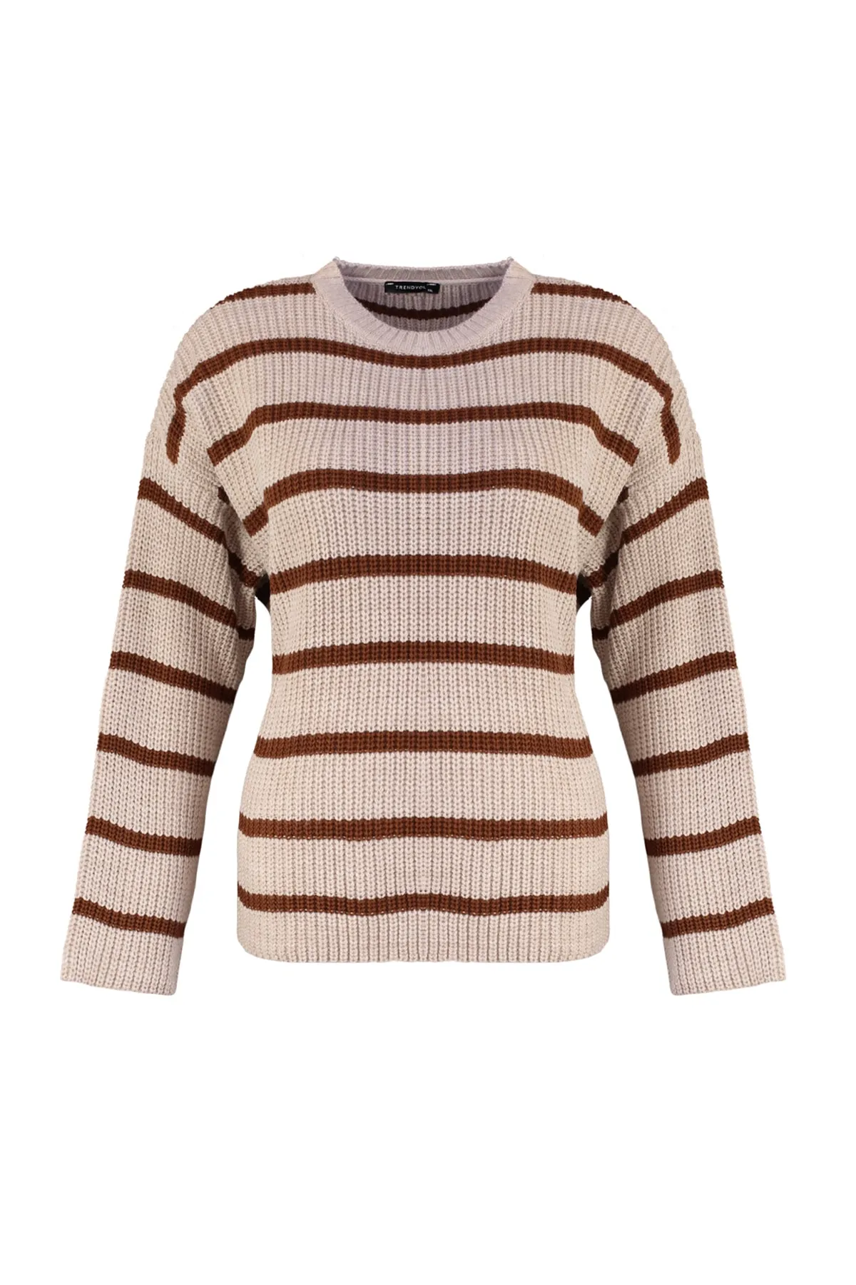 Trendyol Curve  Steinfarbener, schulterfreier Strickpullover mit Streifenmuster
