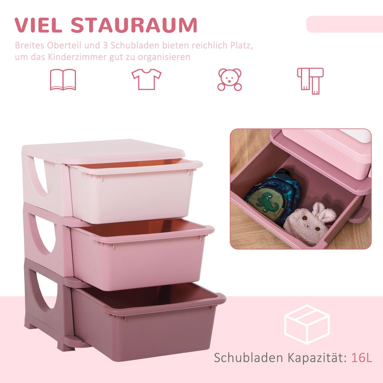 HOMCOM Schubladenschrank für Kinder mit Stauraum Aufbewahrungsboxen Spielzeug-Organizer Spielzeugkiste drei Ebene für Kinderzimmer 3-6 Jahre Kindermöbel Rosa 37 x 37 x 56,5 cm