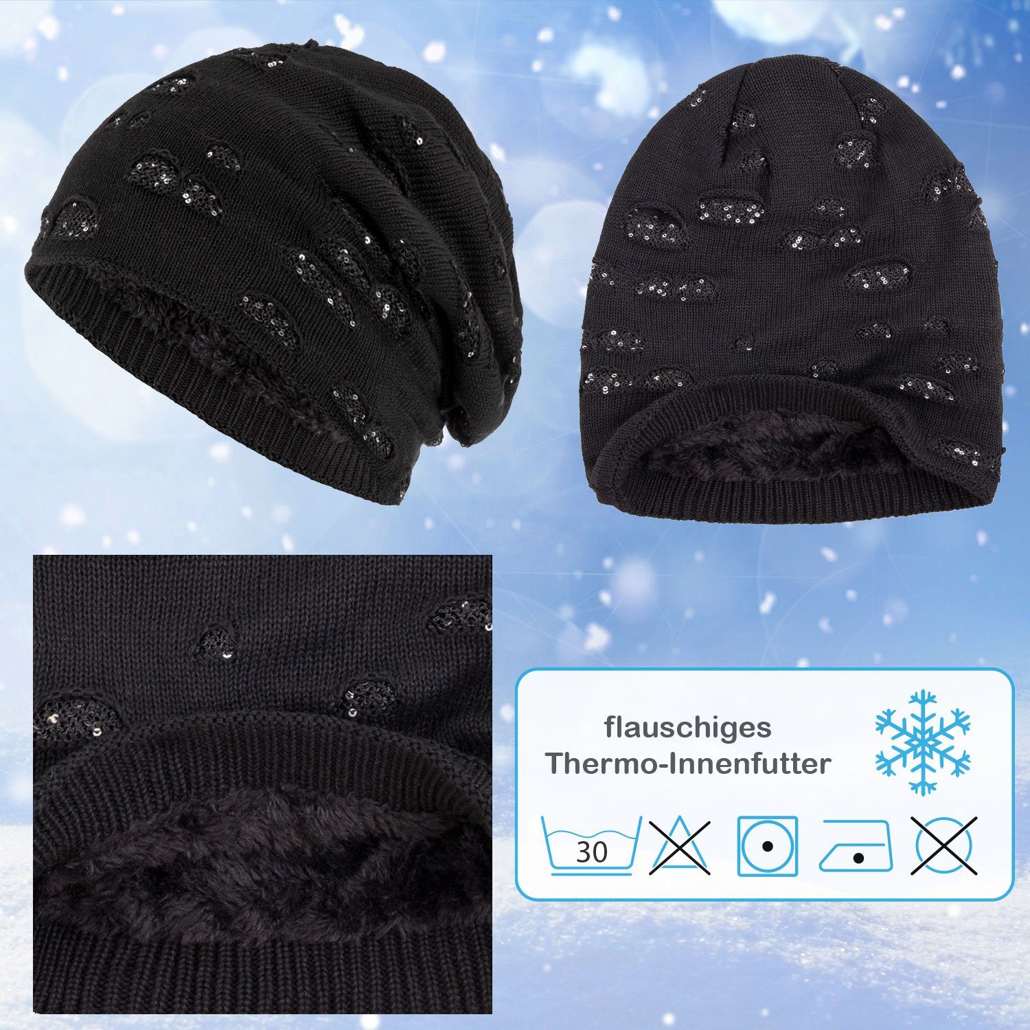compagno Strickmütze (1-St) Gefütterte Damen Mütze Wintermütze Pailletten Damenmütze Beanie Haube