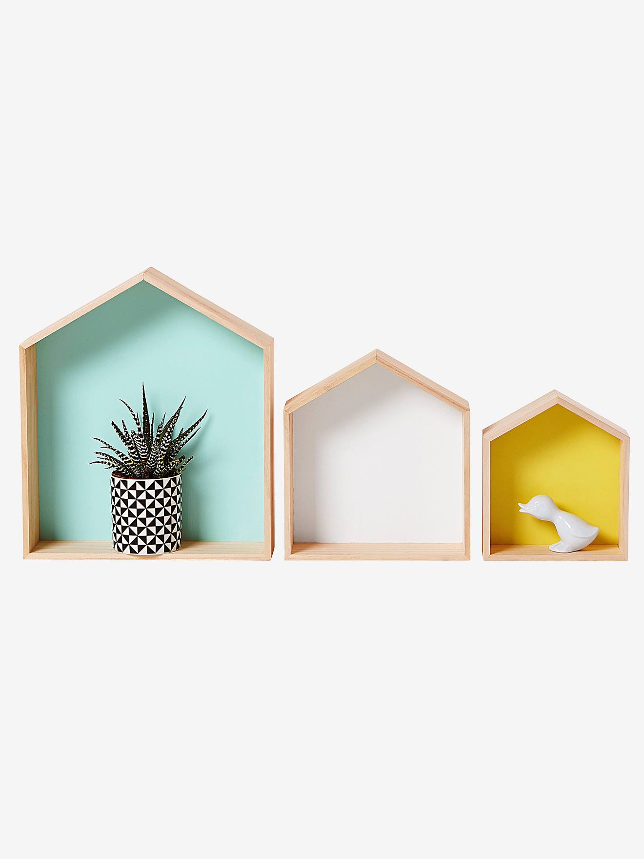 Lot de 3 étagères maison bois rose