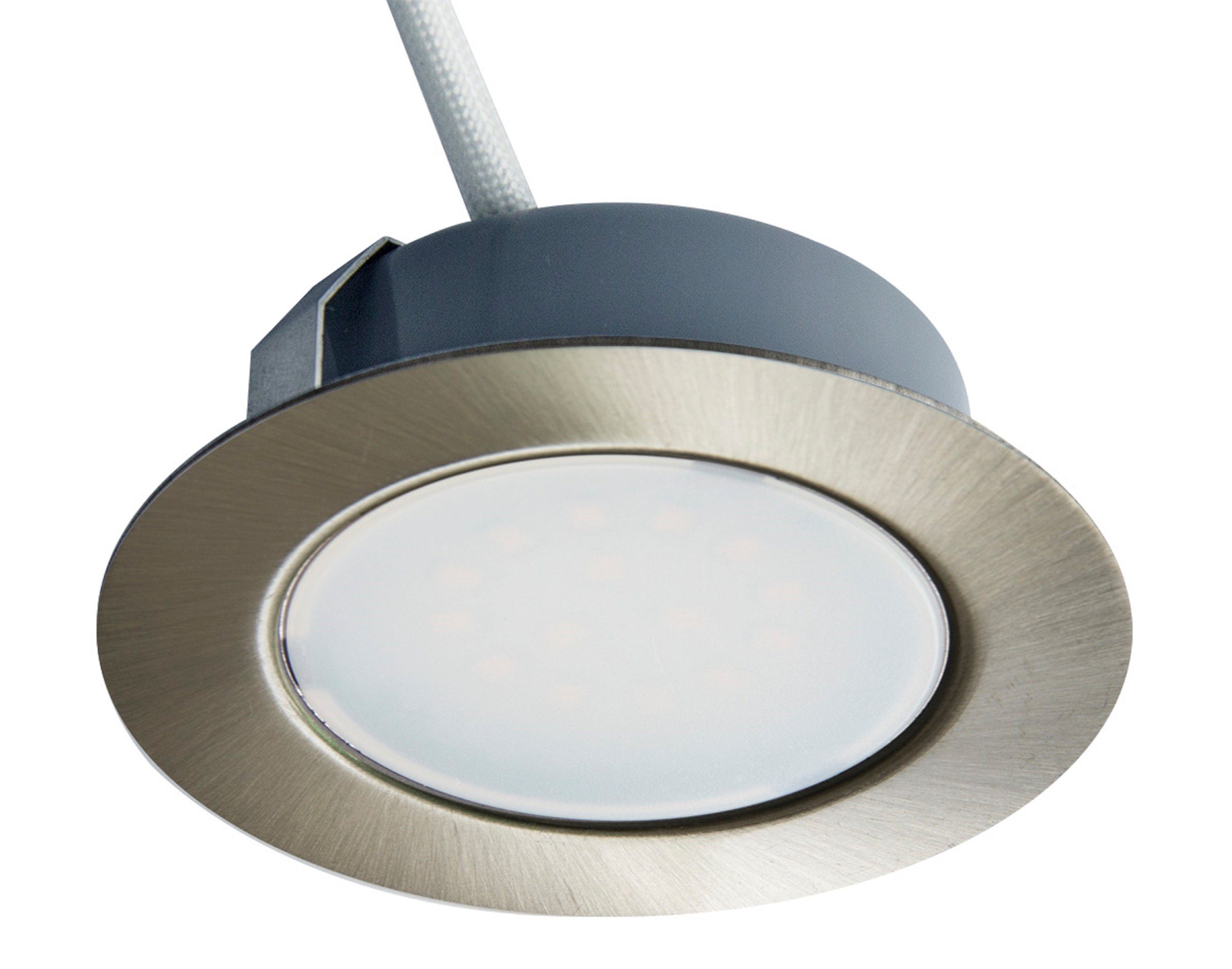 TRANGO LED Einbauleuchte, 4er Set G4E-042T LED Möbel Einbaustrahler 12Volt AC/DC inkl. 1 x LED-Trafo (12 Volt - 2000mAh) Schrank-Einbauleuchte in Edelstahl-Optik, Deckenleuchte, zum Austausch G4 Halogen Möbelleuchten, Küchenhaube-Leuchten