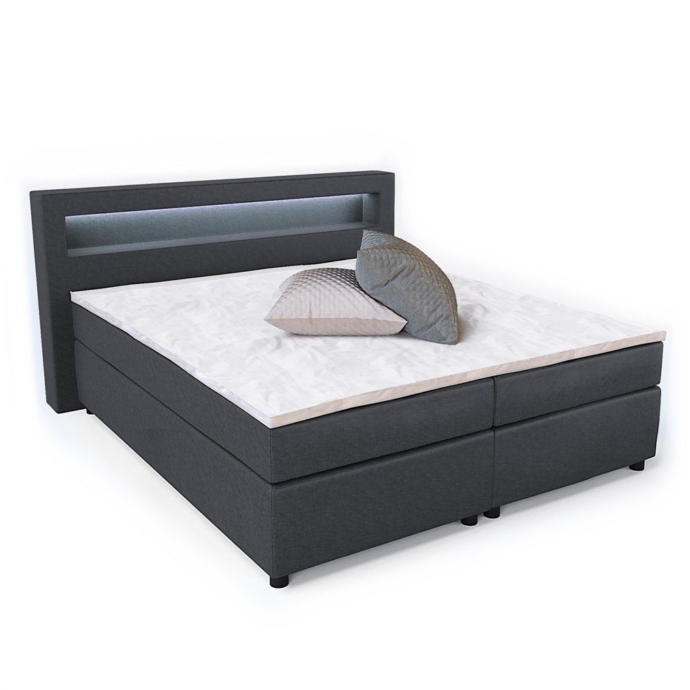 VitaliSpa® Boxspringbett Doppelbett Ehebett 180x200 cm H2 LED-Beleuchtung Anthrazit