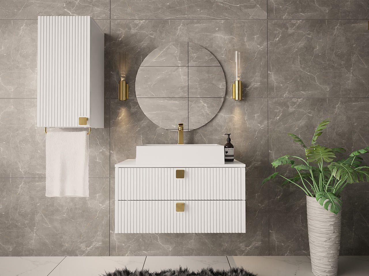 Mirjan24 Badmöbel-Set Gariano IV, (3er-Set, mit Siphon, Waschbecken, Badezimmerschrank, Waschbeckenschrank), Griffe in der Farbe Gold