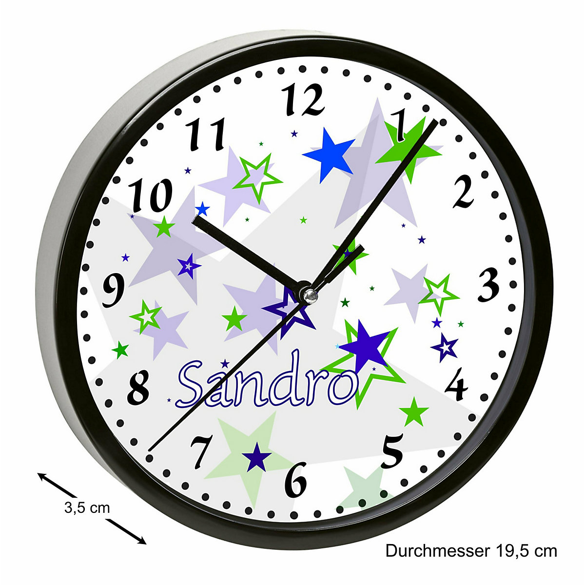 Kinder Wanduhr personalisiert mit Name Sternenhimmel Blau Grün