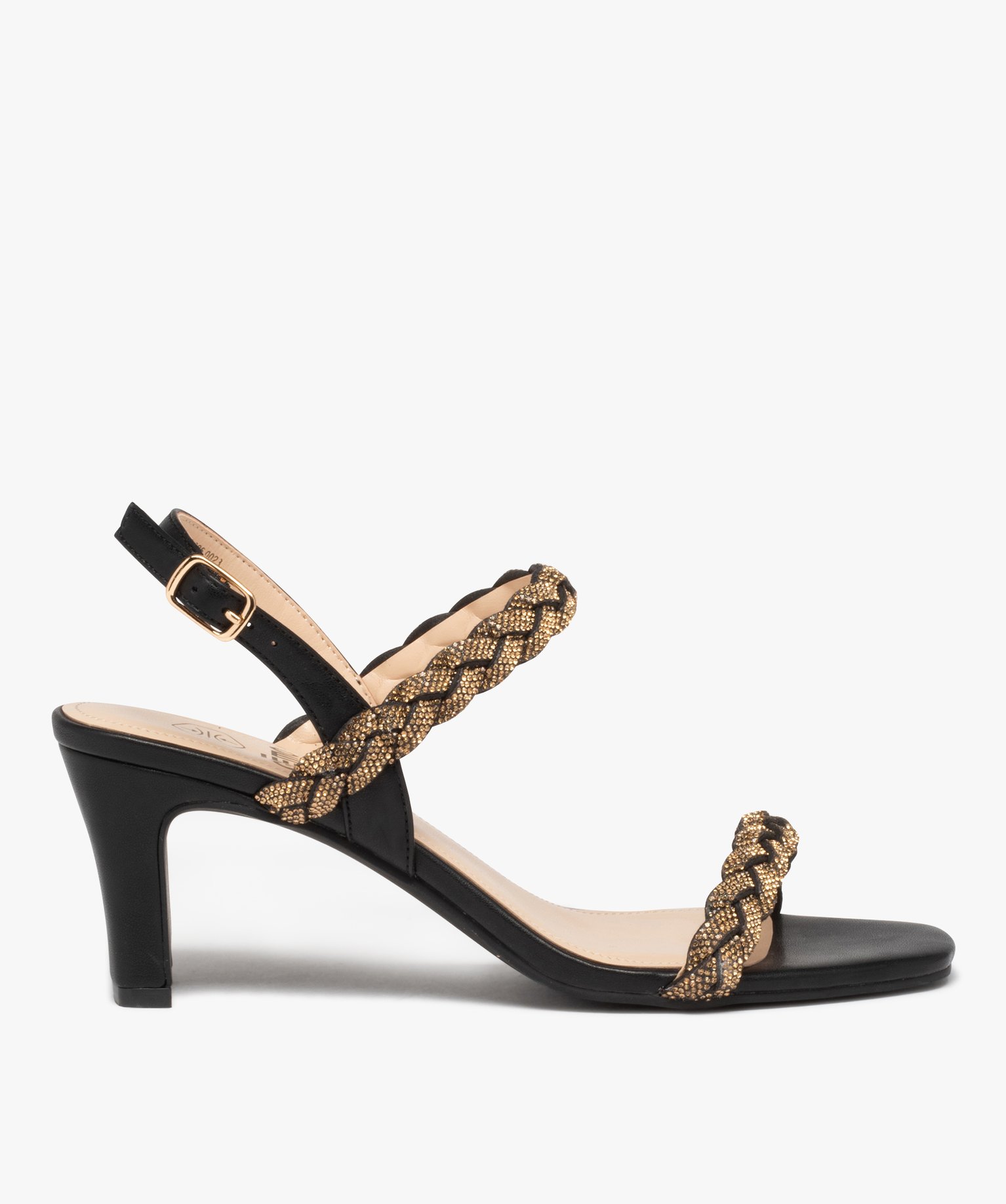 Sandales femme à talon et brides tressées en strass noir | GEMO