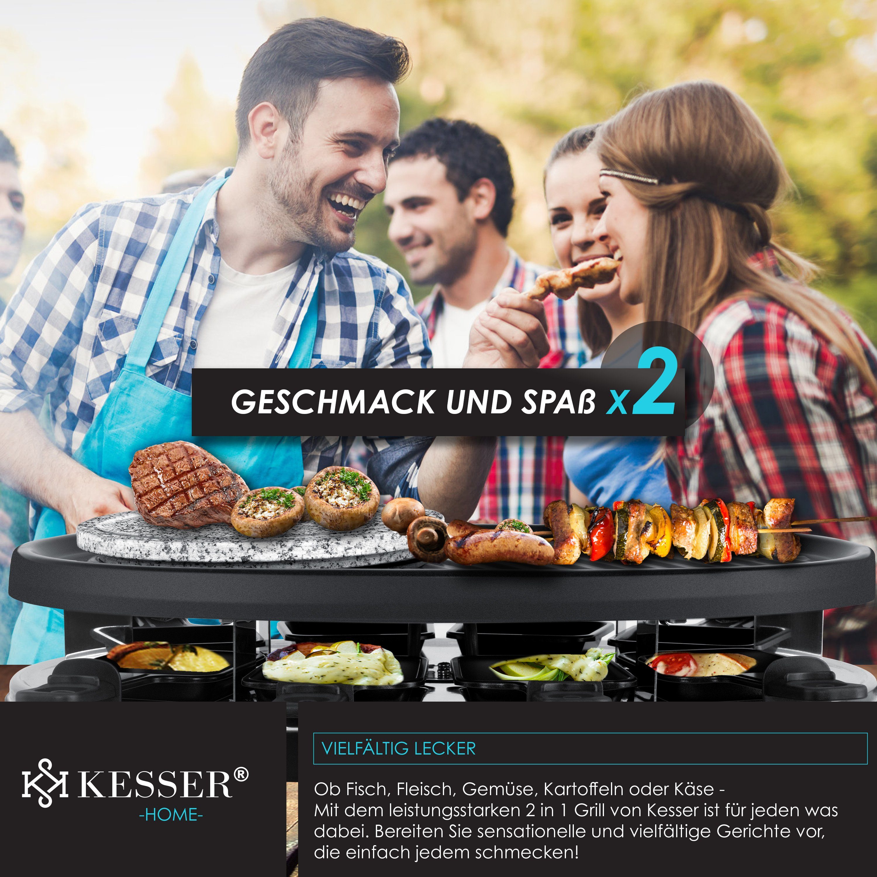 KESSER Raclette, 8 Raclettepfännchen, 1500 W, 3in1 Raclette-Grill mit Naturgrillstein, Grillplatte u. Fondue