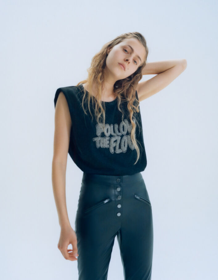 Tee-shirt noir message brodé perles Femme