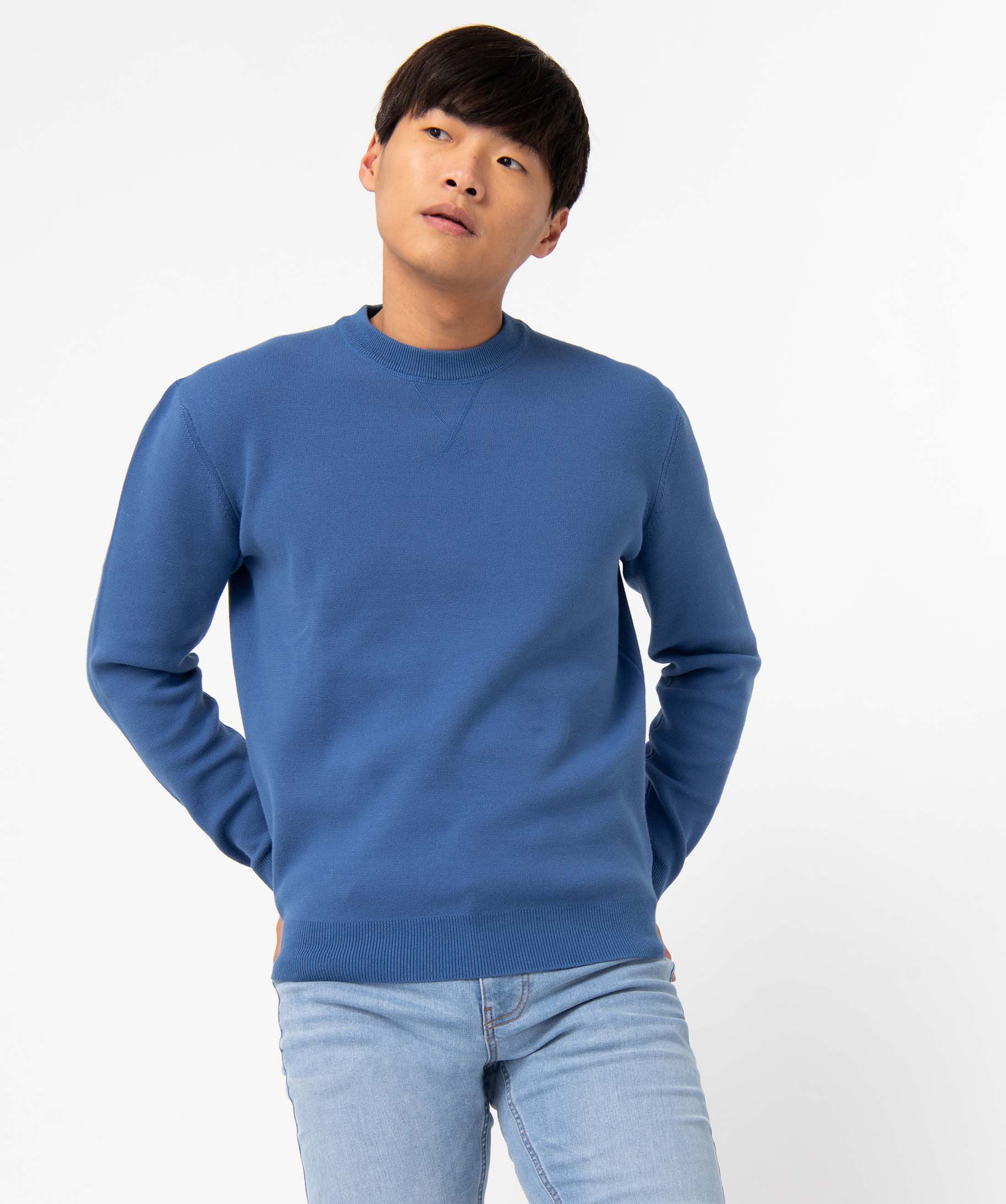 Pull homme à col rond en maille unie bleu | GEMO