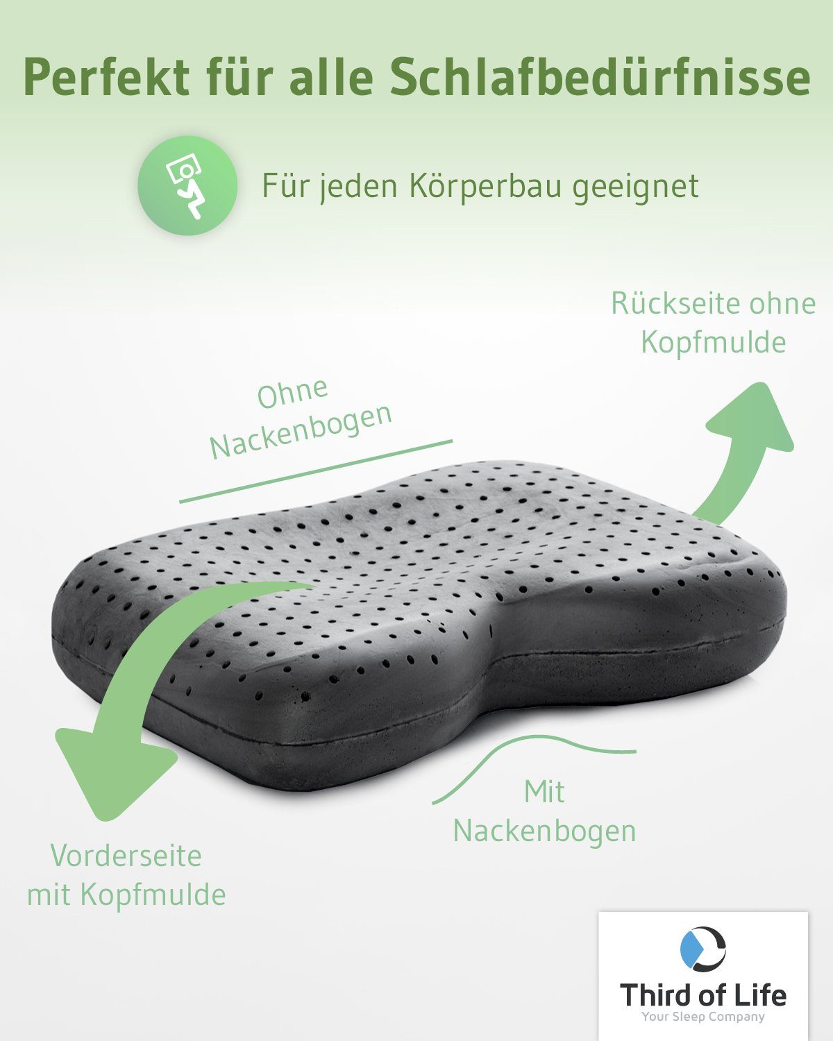 Third of Life Seitenschläferkissen Aloe Vera Kopfkissen NuMOON, Ergonomisches Visco-Schaumkissen mit hautpflegendem Bezug