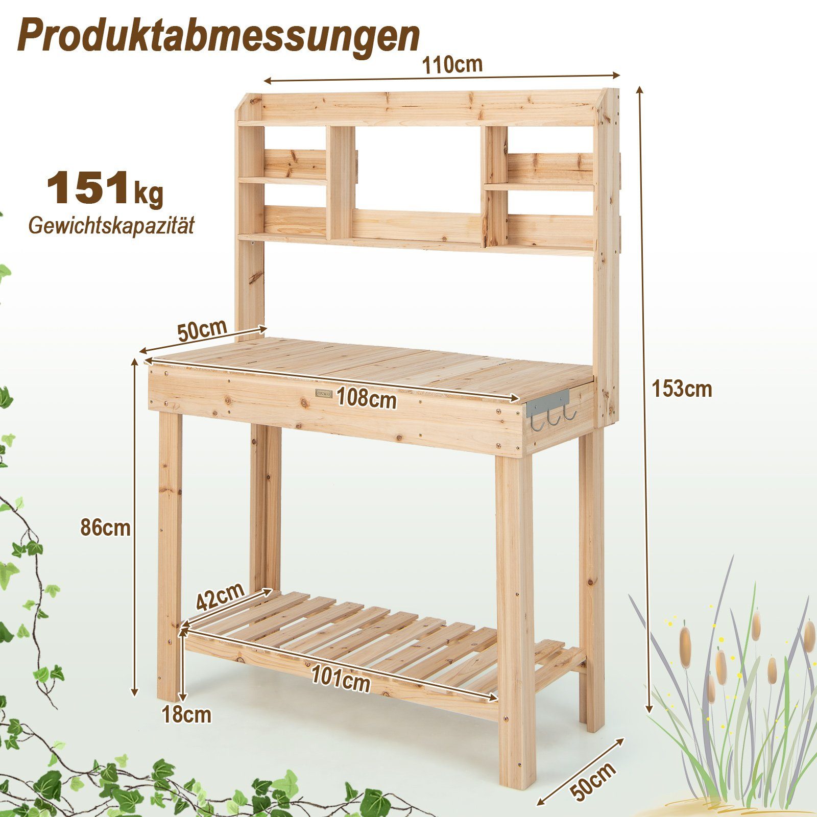 COSTWAY Pflanztisch, 3-stöckiges Langregal Ablageboden 3 Haken, 108x50x153cm