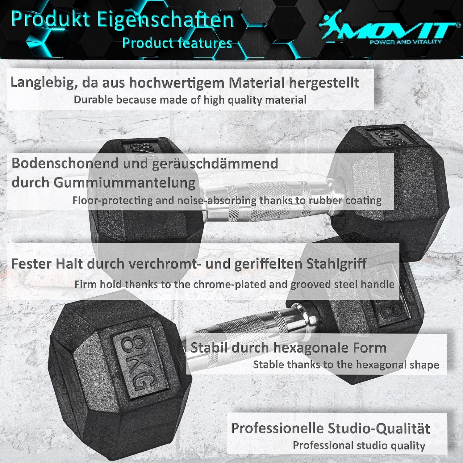 MOVIT Hantel-Set Hexagon Kurzhanteln, Gusseisen, Rubber Hanteln, (Set, 2er Set), 4 – 60 kg, Griff gerändelt, Hantel Set, Gewichte, Größenwahl