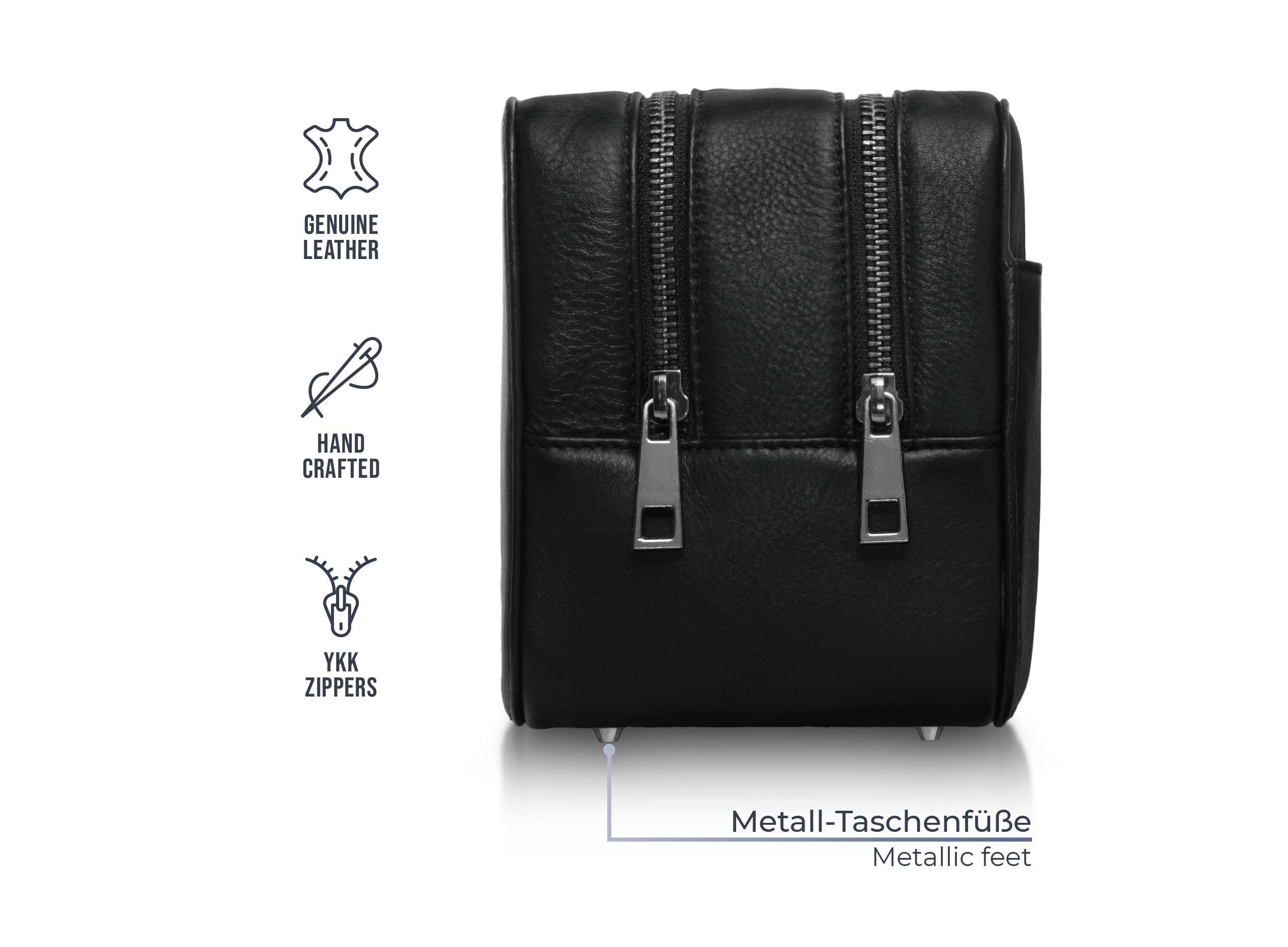 PURE Leather Studio Kulturbeutel Atlas, Handgefertigte Kulturtasche aus Rindsleder Waschtasche zum Reisen