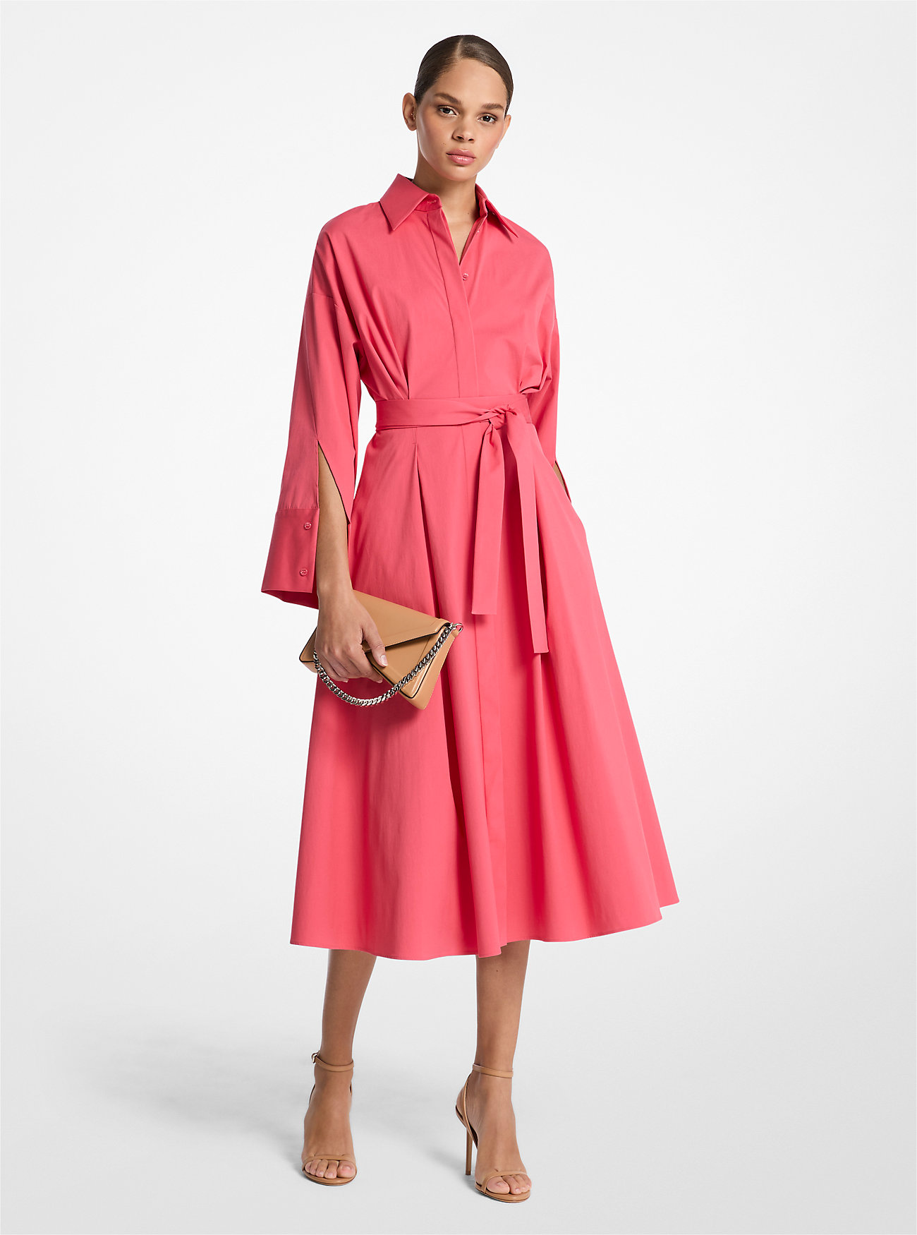 Kimono Sleeve Stretch Cotton Poplin Shirtdress - ROSEWOOD