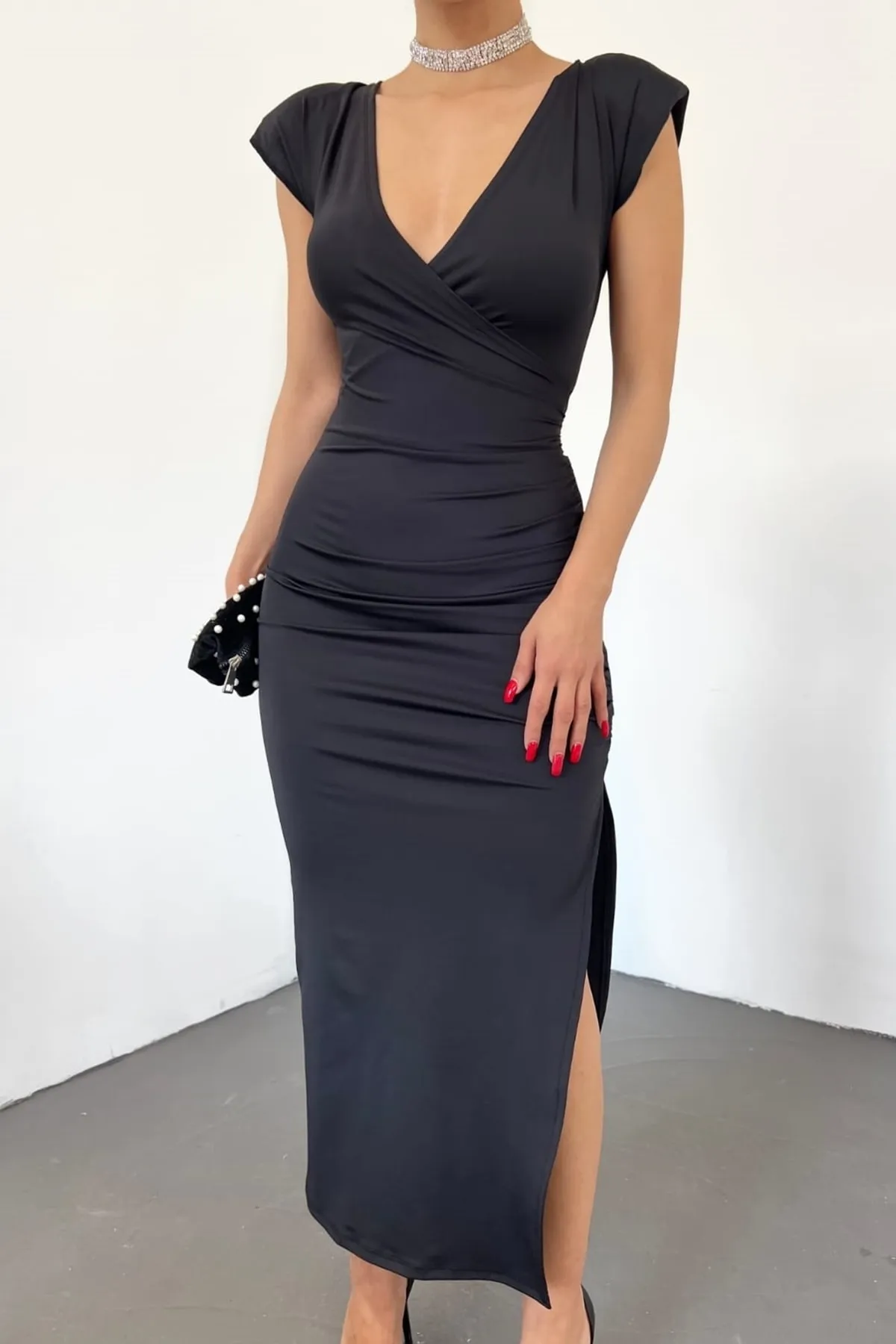 lovebox  Lycra, flexibler Tauchstoff, Midi-Länge, zweireihiger Kragen, Schulterpolster, Schlitz, detailliertes schwarzes Abendkleid 5031