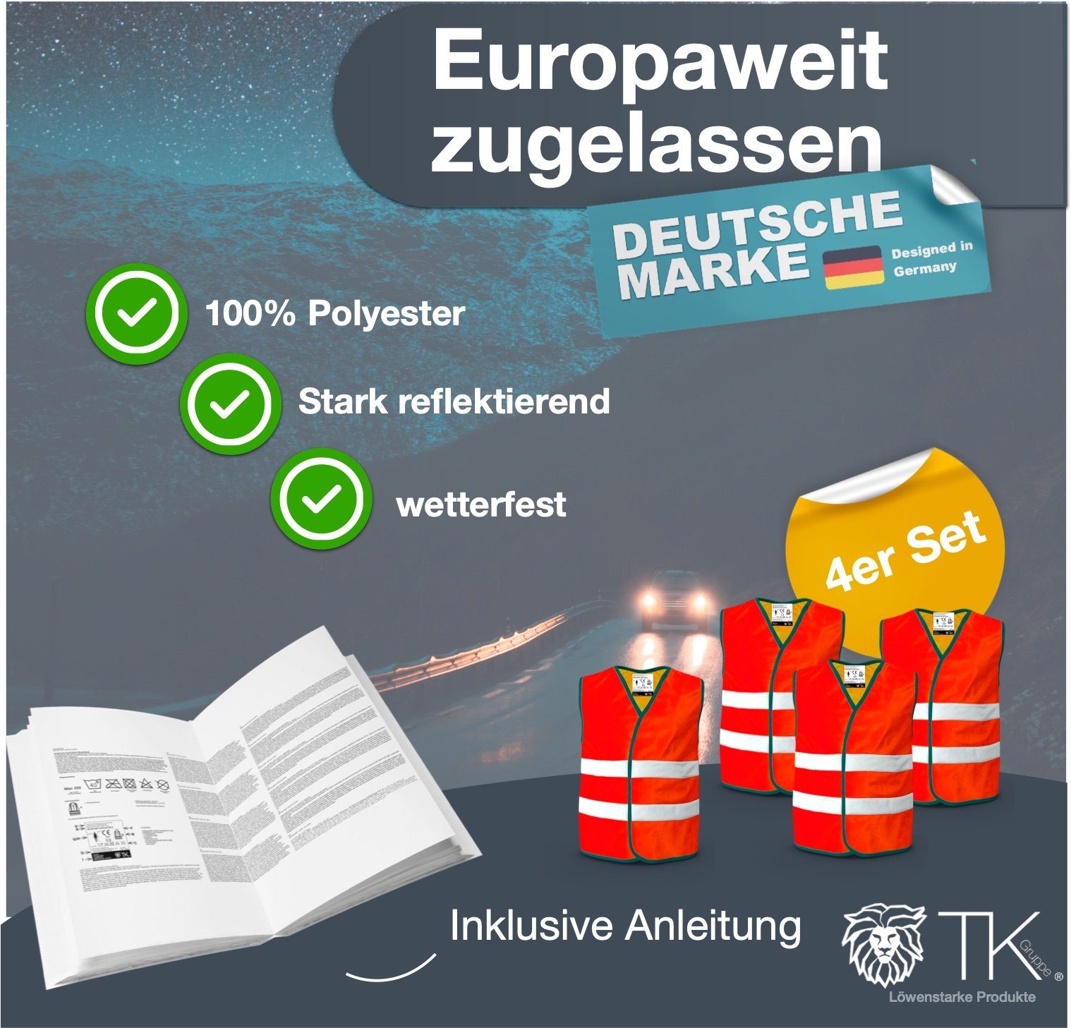 TK Gruppe Warnweste 4X Warnwesten Orange - Pannenweste 2024 Unfallweste ISO20471