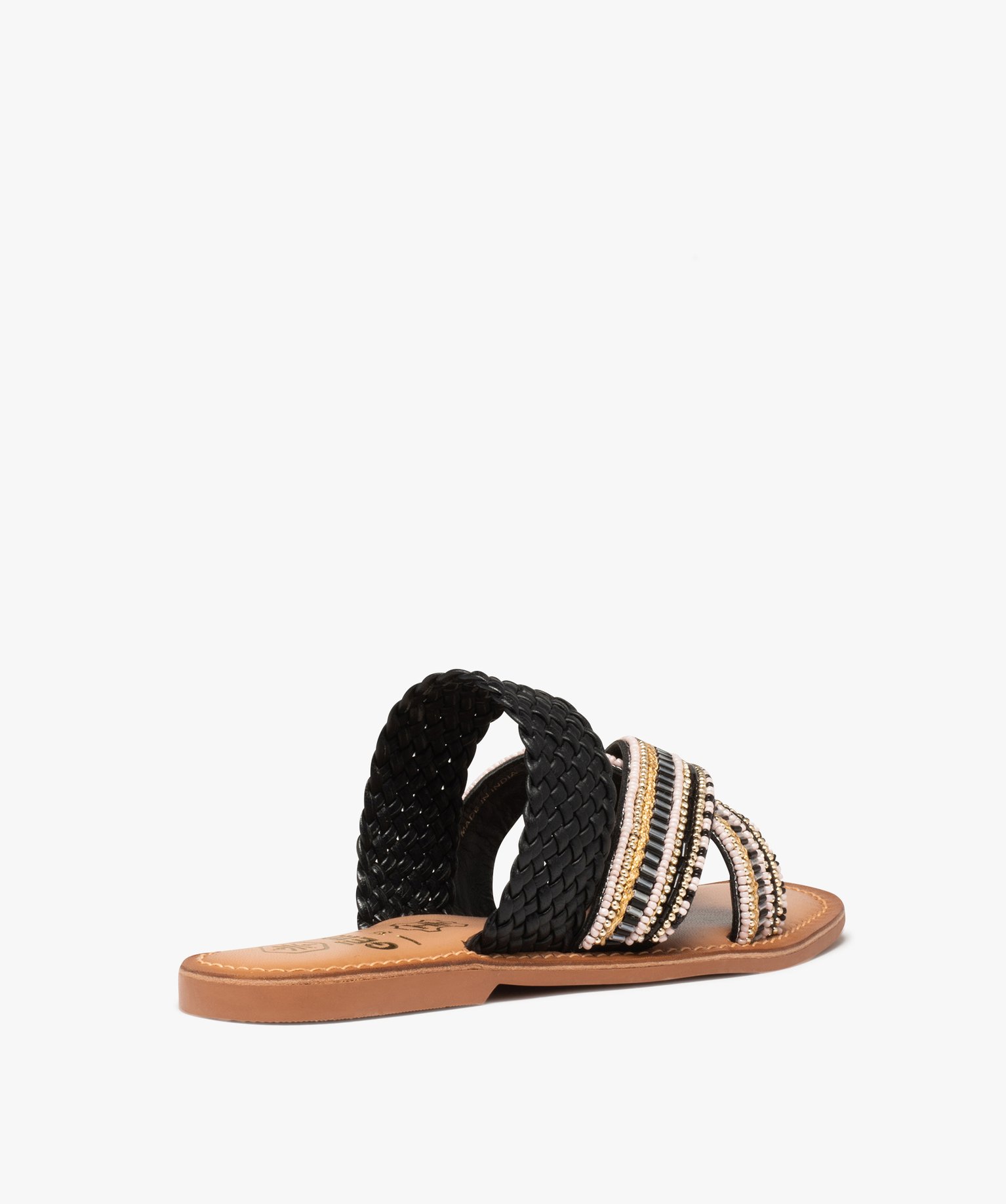 Mules femme à talon plat et brides perlées noir | GEMO