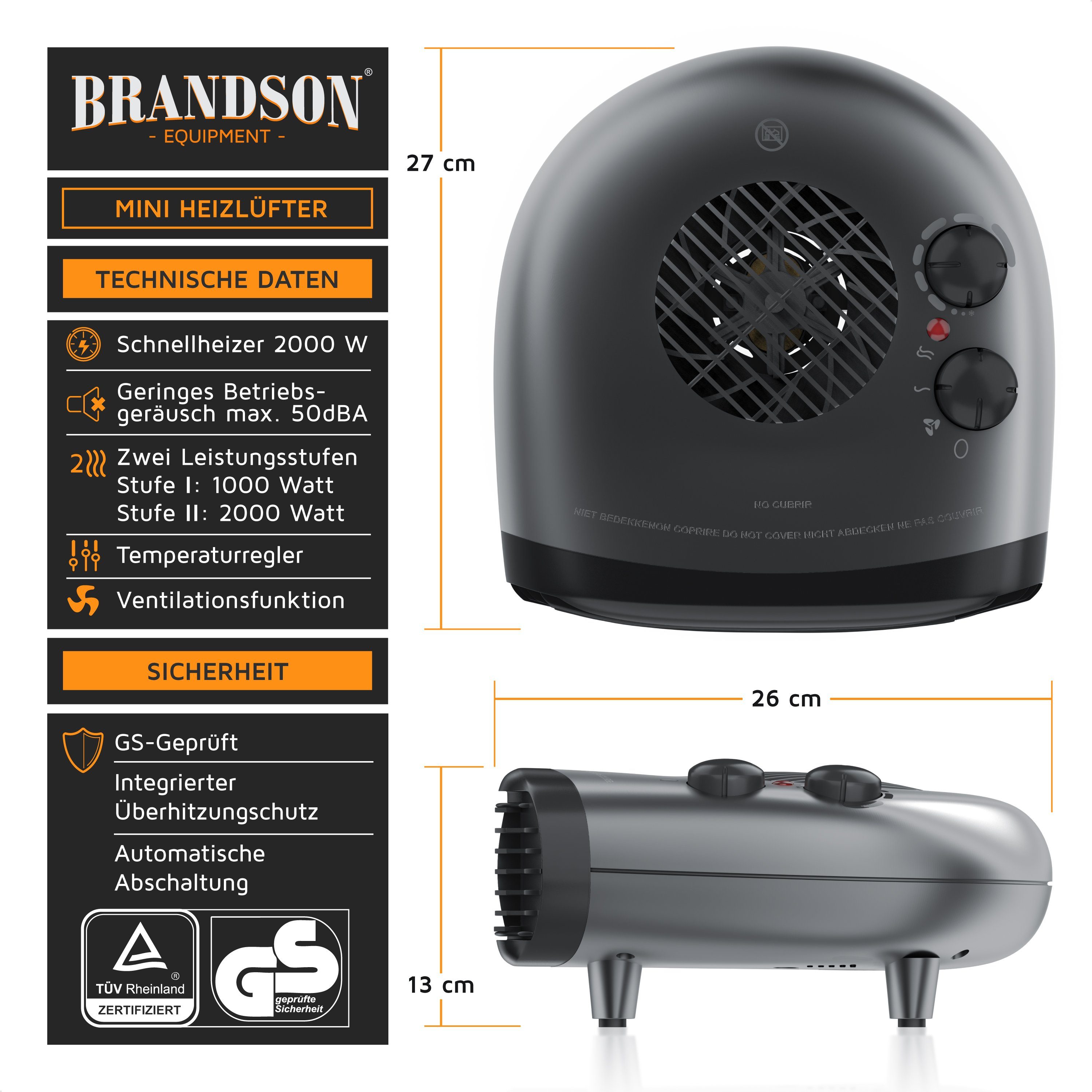 Brandson Heizlüfter, 2000 W, mit einstellbarem Thermostat - Fan Heater mit 3 Leistungsstufen