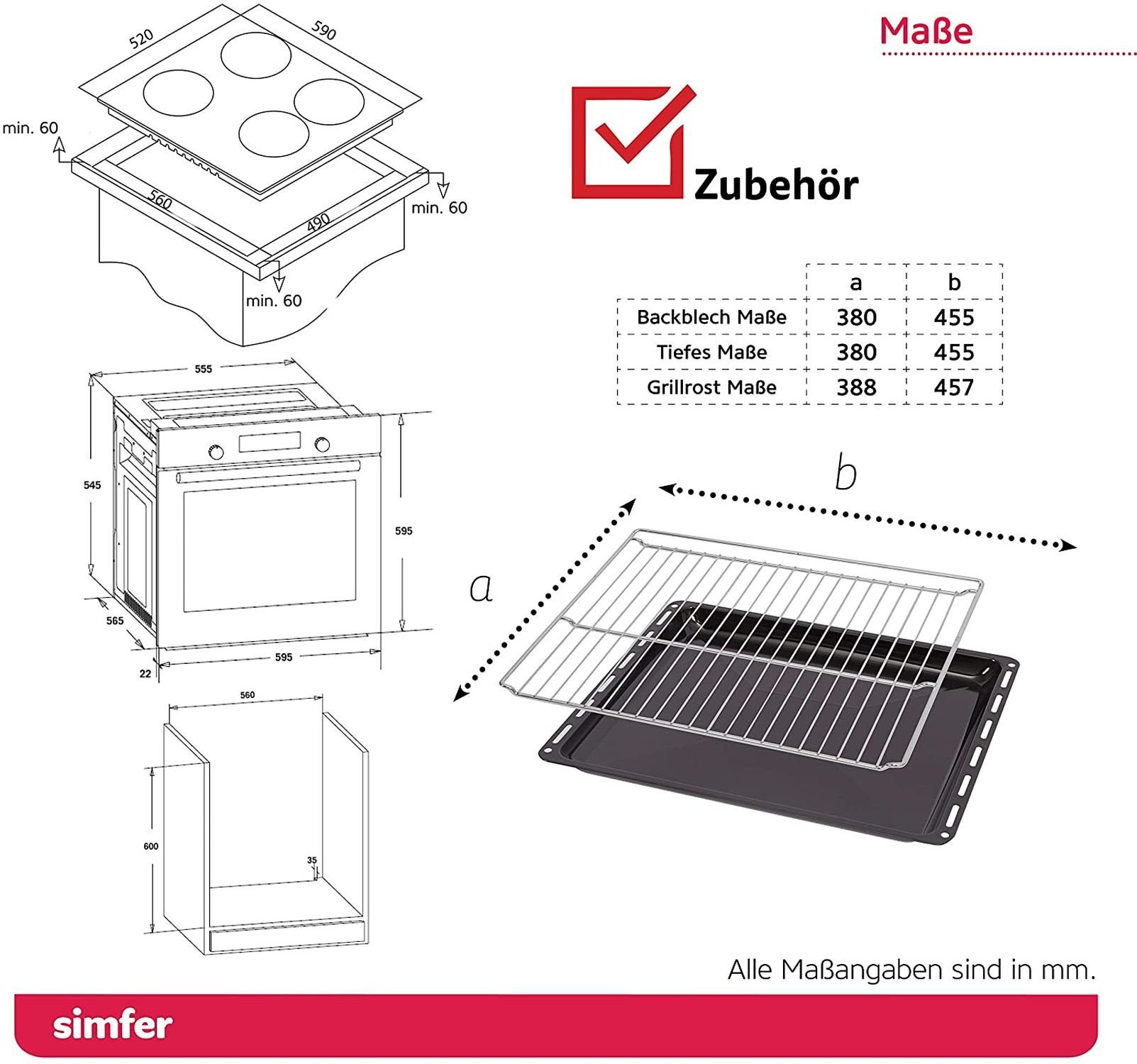 Simfer Elektro-Herd-Set SMF-CS 3029, 60 Liter, Einbau Herd-Set, 60 cm Glaskeramikkochfeld mit Zweikreis-und Bräterzone, mit 1-fach-Teleskopauszug, SteamClean, 9 Funktionen, Digitaler Timer, Heißluft, Grillfunktion, Umluft