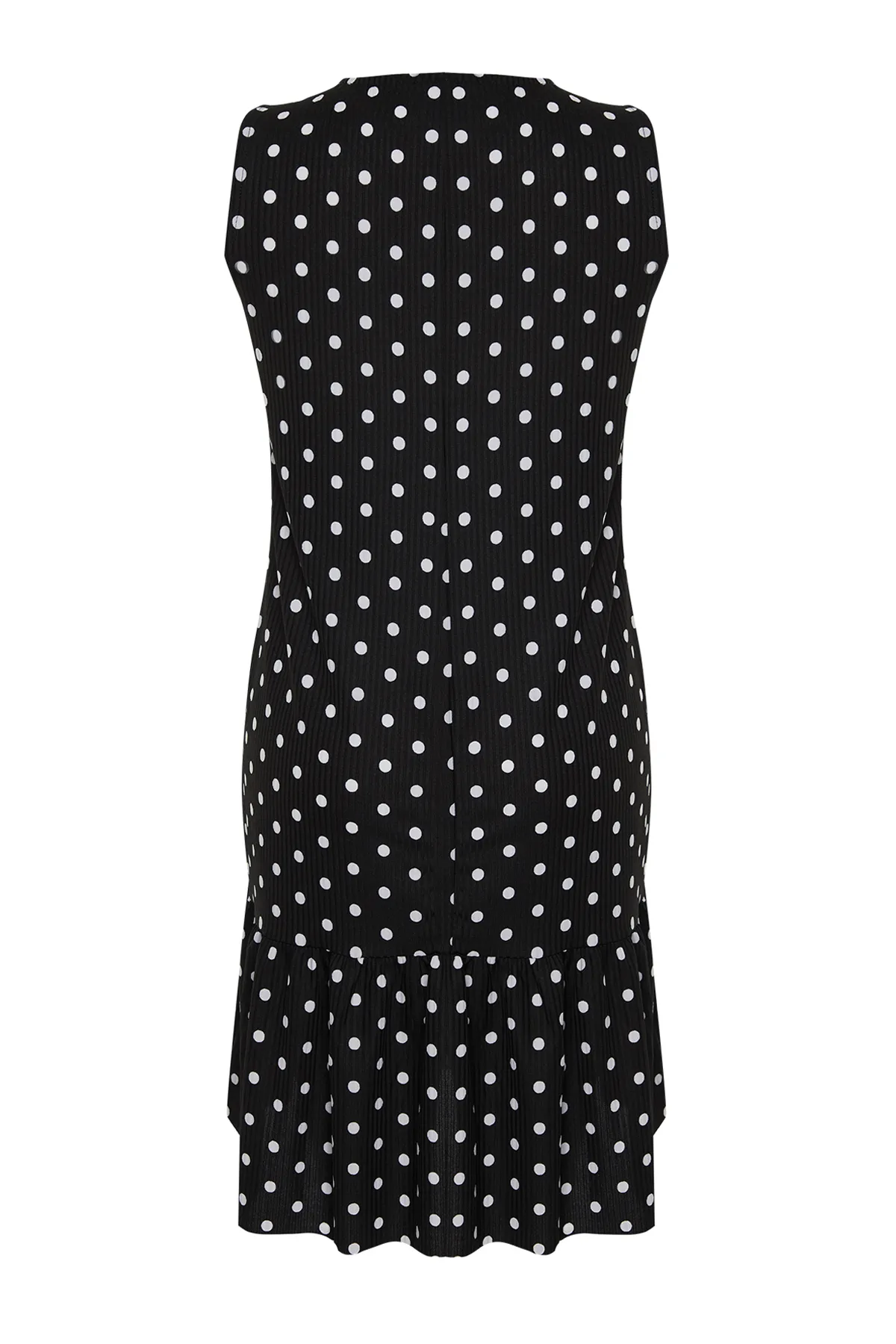 Trendyol Curve  Schwarzes, gepunktetes, ärmelloses, gerade geschnittenes Mini-Stretch-Strickkleid mit Volants TBSSS24AH00131