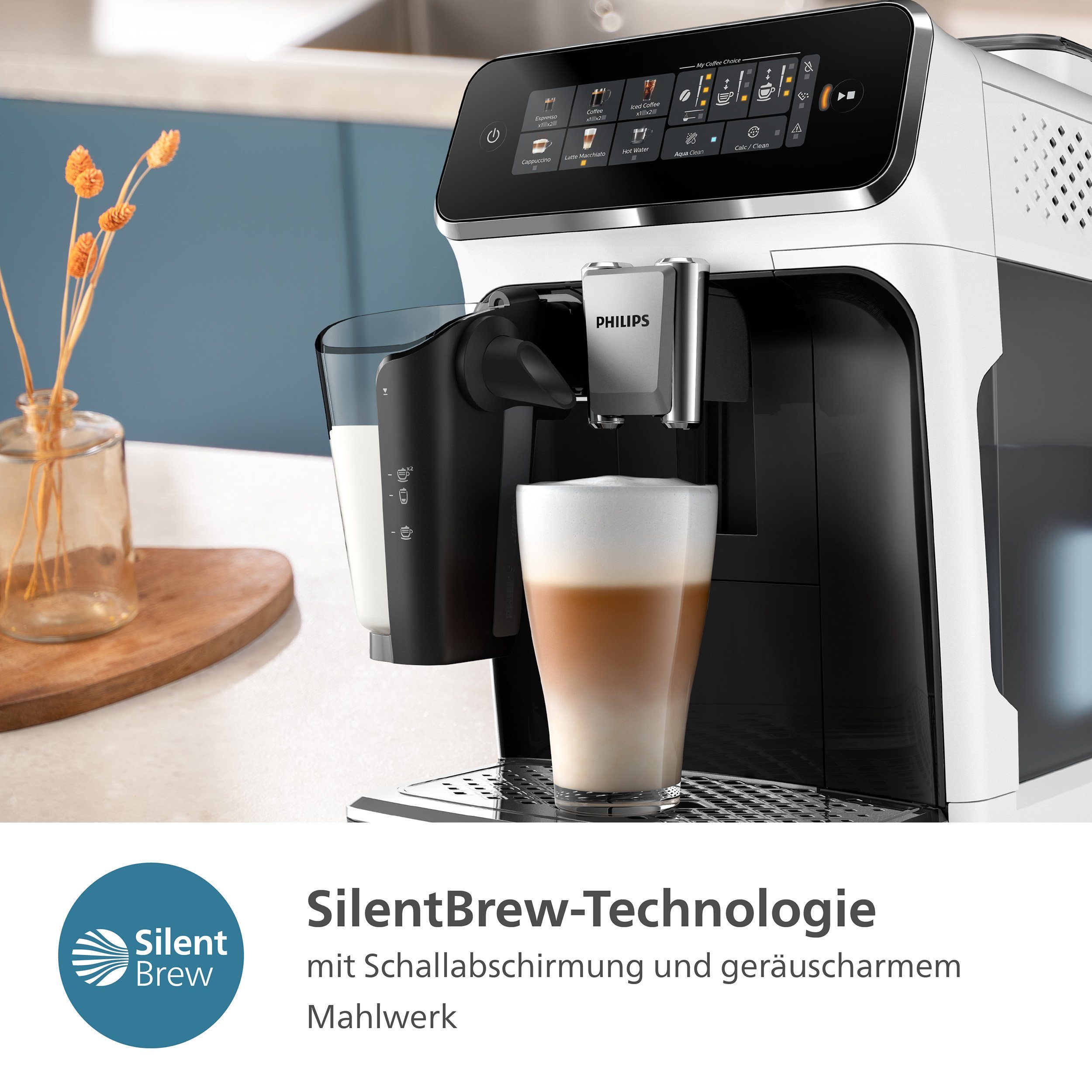 Philips Kaffeevollautomat EP3343/50 3300 Series, 6 Kaffeespezialitäten, mit LatteGo-Milchsystem, Weiß/Schwarz