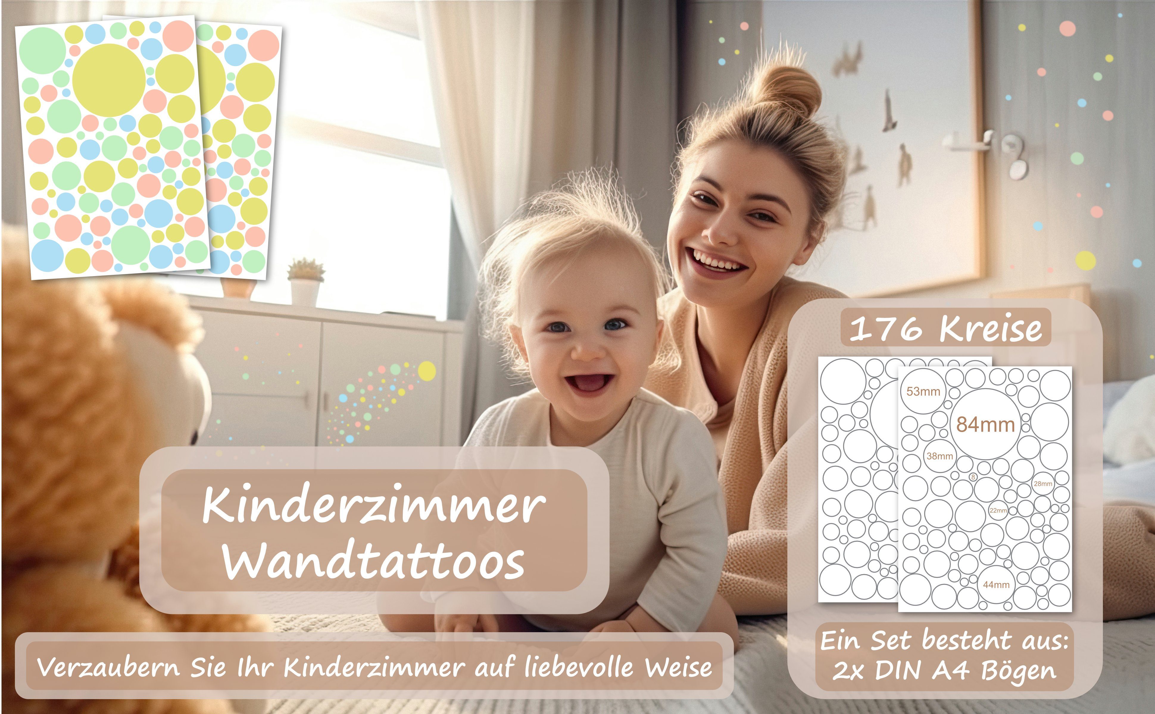 PUNALU Wandtattoo Kreis Set 176 Stück Wandtattoo für Babyzimmer Kinderzimmer Aufkleber, selbstklebend, rückstandslos abziehbar