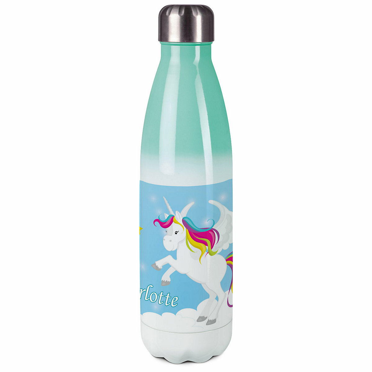 Edelstahl Kinder Thermoflasche / Trinkflasche bunt Pegasus Farbe blau Spülmaschinenfest, Auslaufsicher, Bruchfest, Doppelwandig, Für Heißgetränke geeignet, Mit Deckel, Isoliert