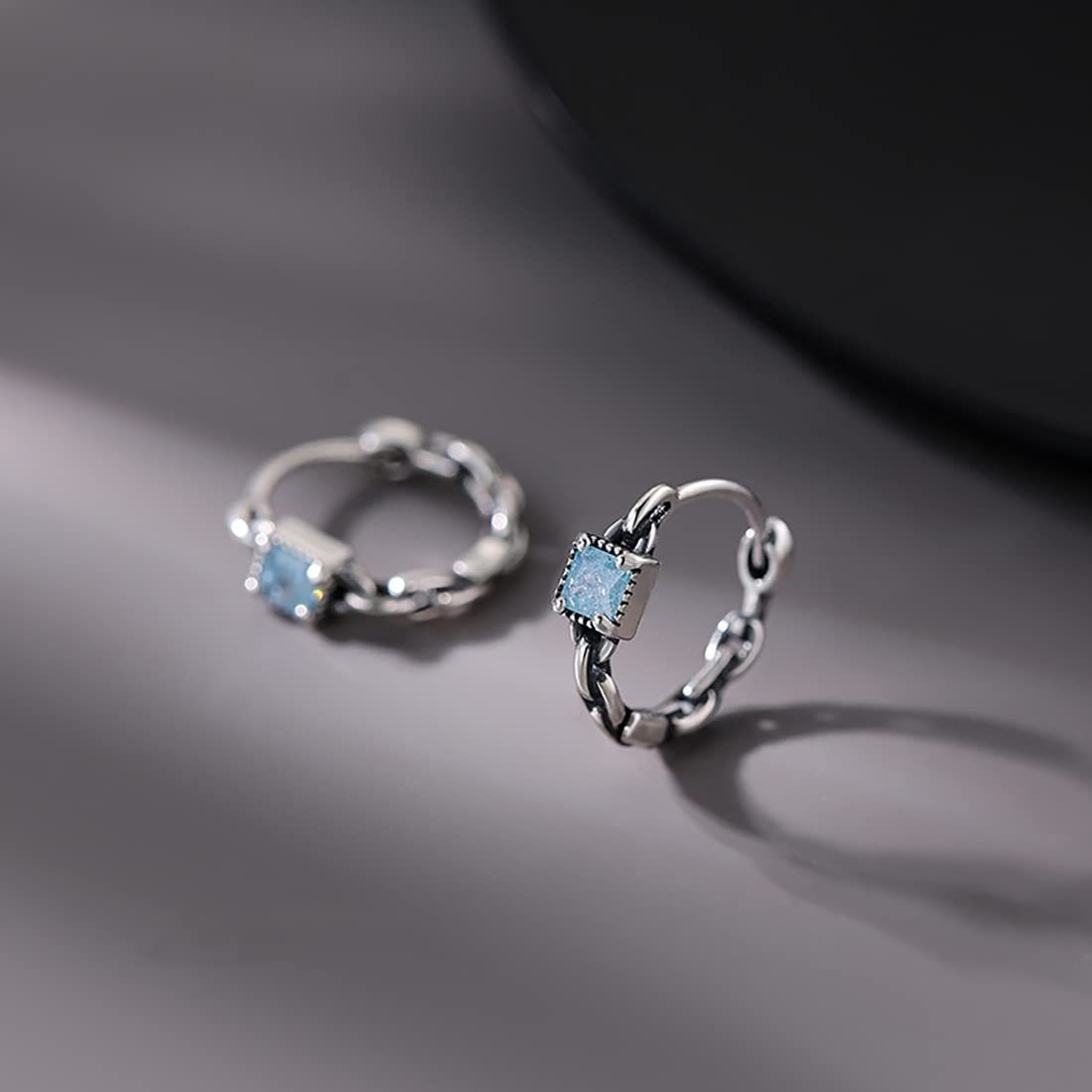 POCHUMIDUU Paar Ohrhänger 925 Sterling Silber Blau CZ Hoop Ohrringe (2-tlg., Link Hoop Ohrringe Retro Huggie Hoop Ohrringe), für Frauen Teenager Mädchen