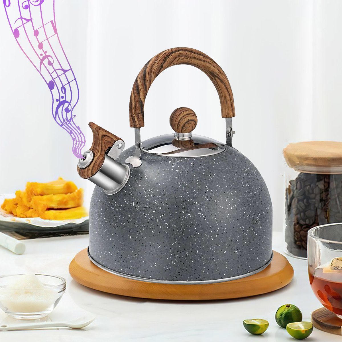 Novzep Wasserkessel Teekessel Induktion 2.5L,Edelstahl Pfeifkessel Tea Kettle mit Griff, Edelstahl, für GlasKeramikherd, Gas für Alle Herdarten Elektroherd