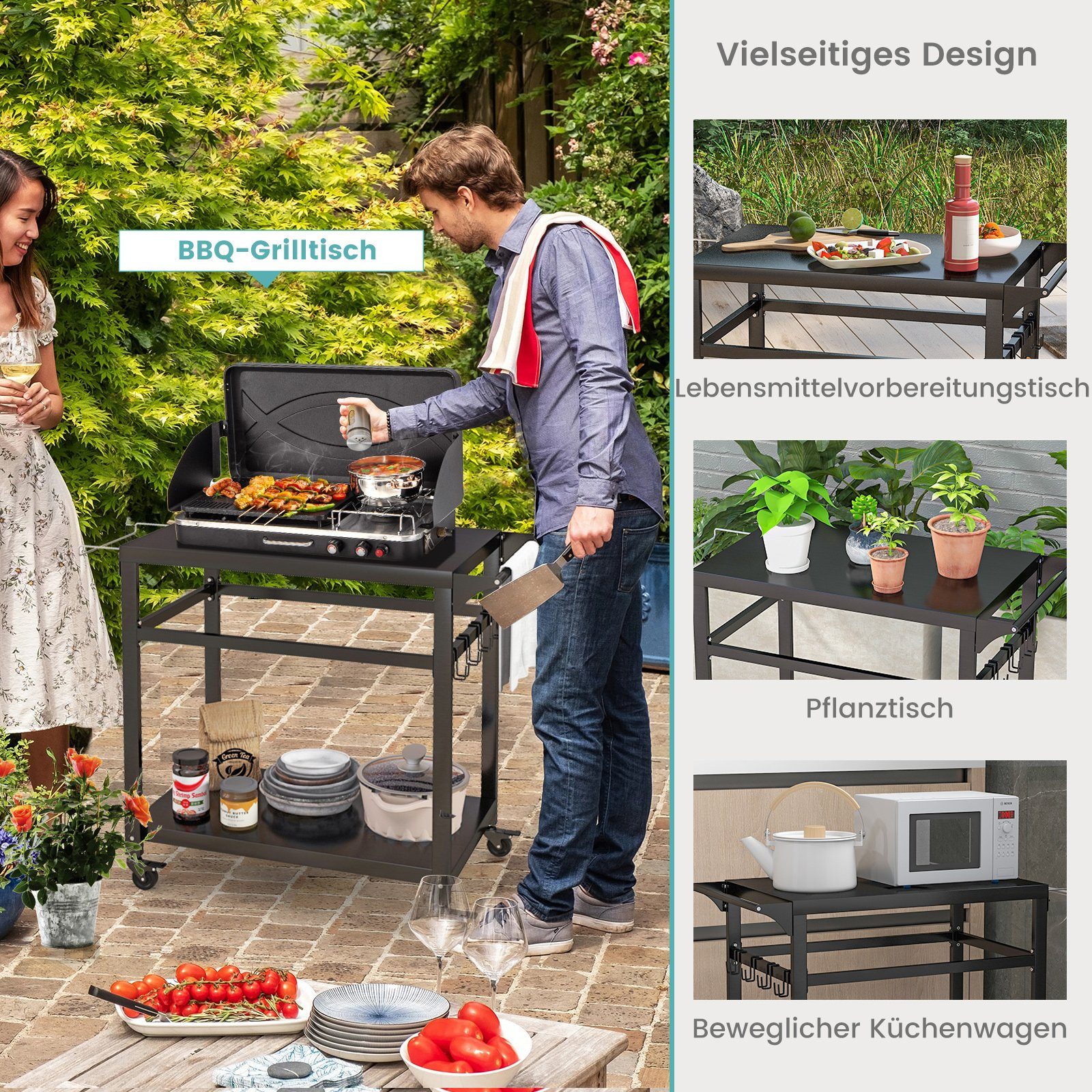 COSTWAY Grillablagetisch, mit 2 Ablagen, 4 Rollen & Haken, 108x50,5x88cm
