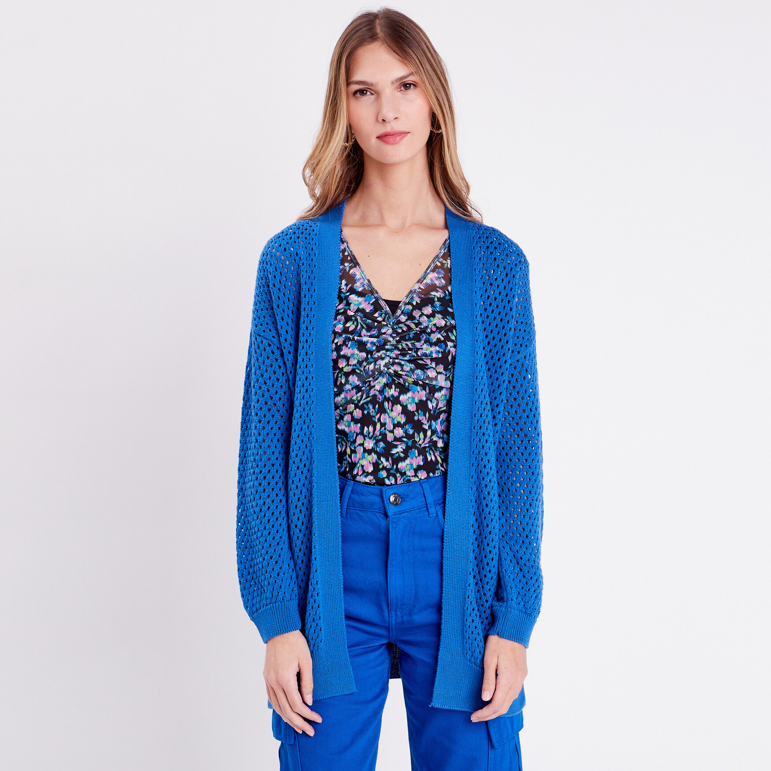 Gilet long ajouré bleu electrique femme | Cache Cache