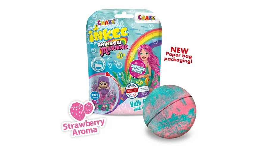 CRAZE - INKEE Mermaid Badekugel mit Erdbeerduft - mit Überraschung (1 von 6 Saugnapf-Figuren) 80 g