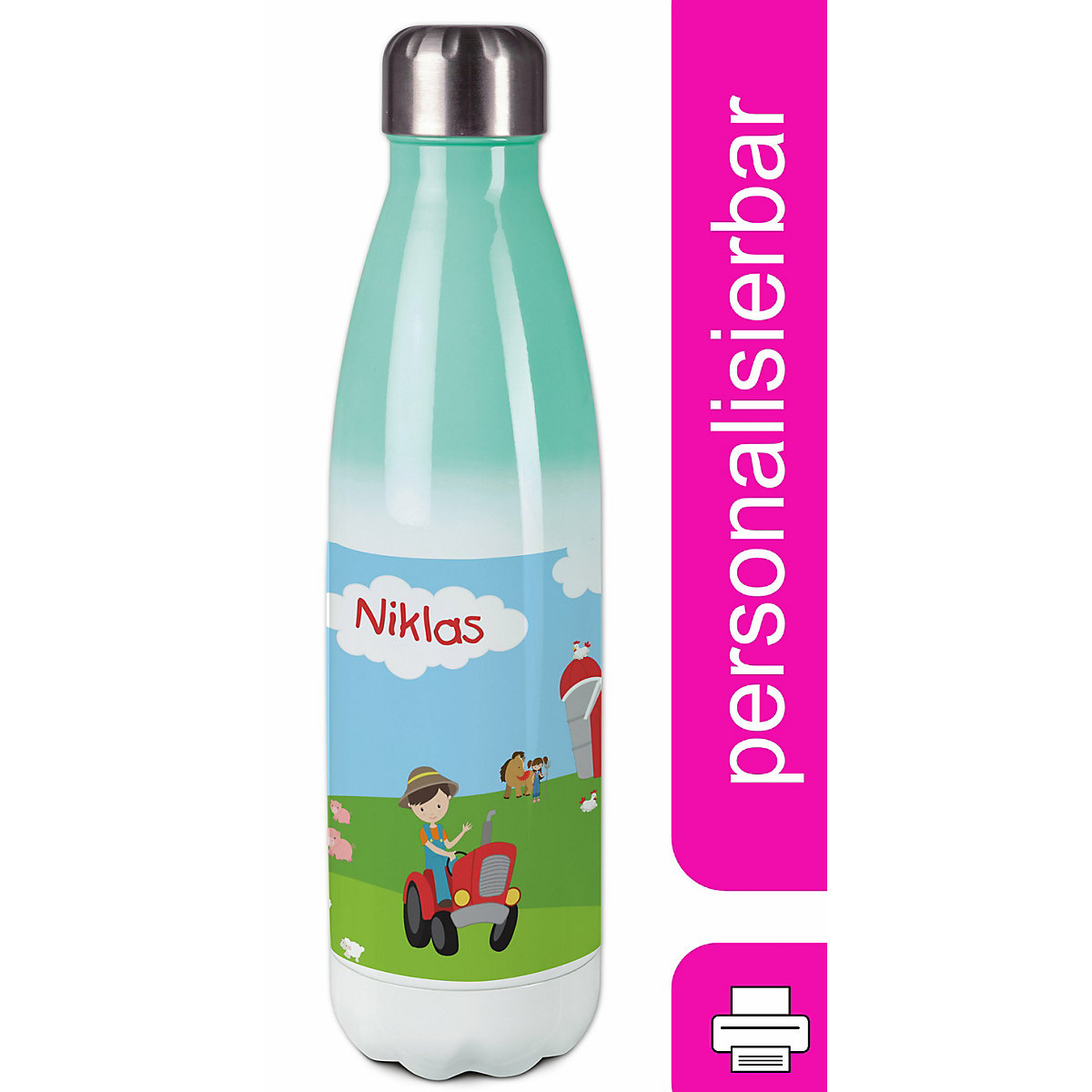 Edelstahl Kinder Thermoflasche / Trinkflasche bunt Bauernhof Spülmaschinenfest, Auslaufsicher, Bruchfest, Doppelwandig, Für Heißgetränke geeignet, Mit Deckel, Isoliert