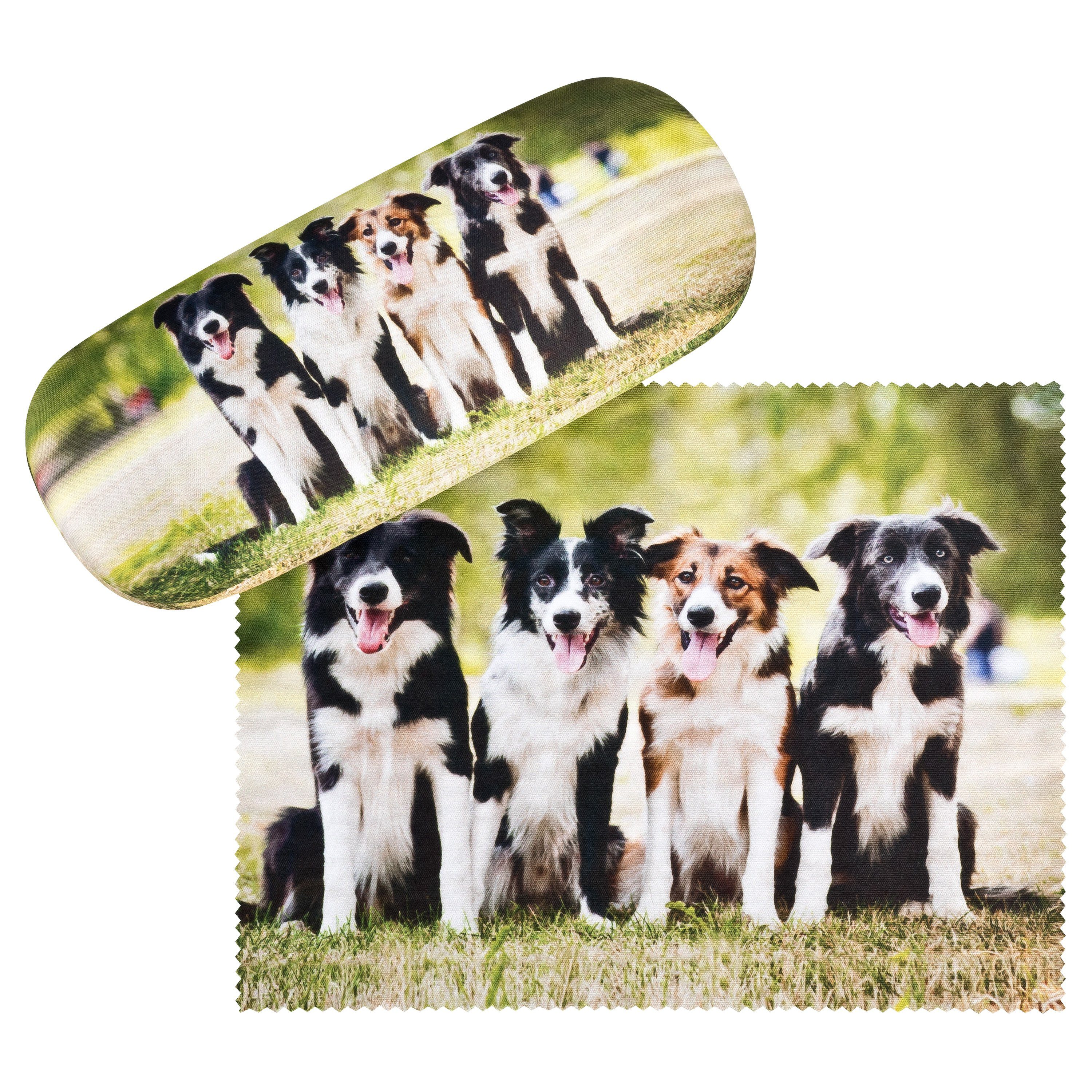 von Lilienfeld Brillenetui Brillenetui Border Collies Brillenputztuch Hardcase mit Stoff bezogen, Hochwertiges Putztuch mit demselben Motiv