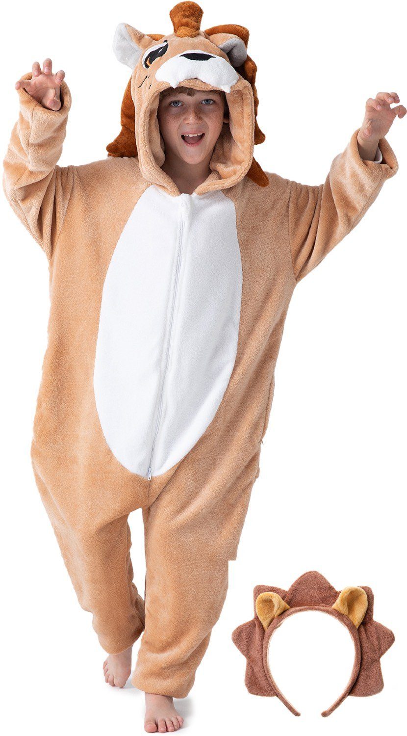 Corimori Jumpsuit Flauschiges Löwen-Kostüm für Kinder (2-tlg) mit Haarreif, Fasching, Mädchen, Jungen, Simba, König der Löwen