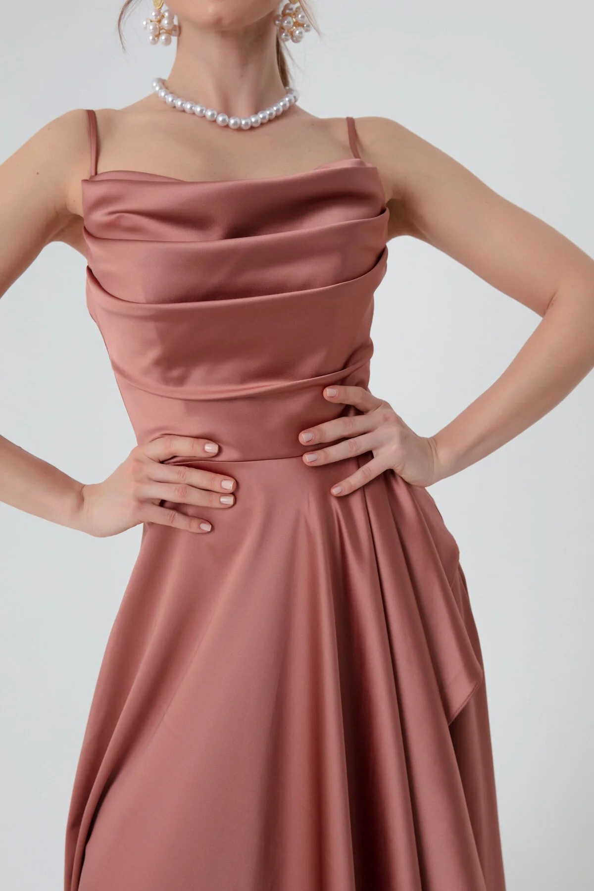 Lafaba  Lachsfarbenes Volant-Schlitz-Satin-Abendkleid und Abschlusskleid für Damen