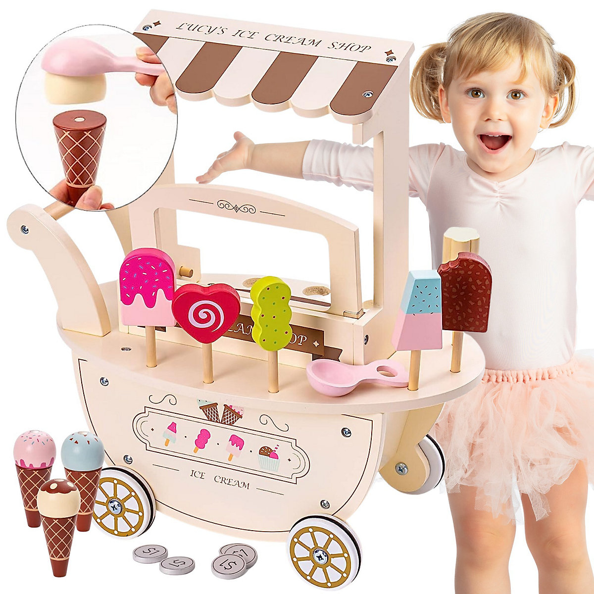 Eisdiele aus Holz auf Rollen für Kinder, Spielzeug Holz Eiswagen mit Zubehör, Eisdiele Spielset, Pädagogisches Spielzeug für Kleinkinder