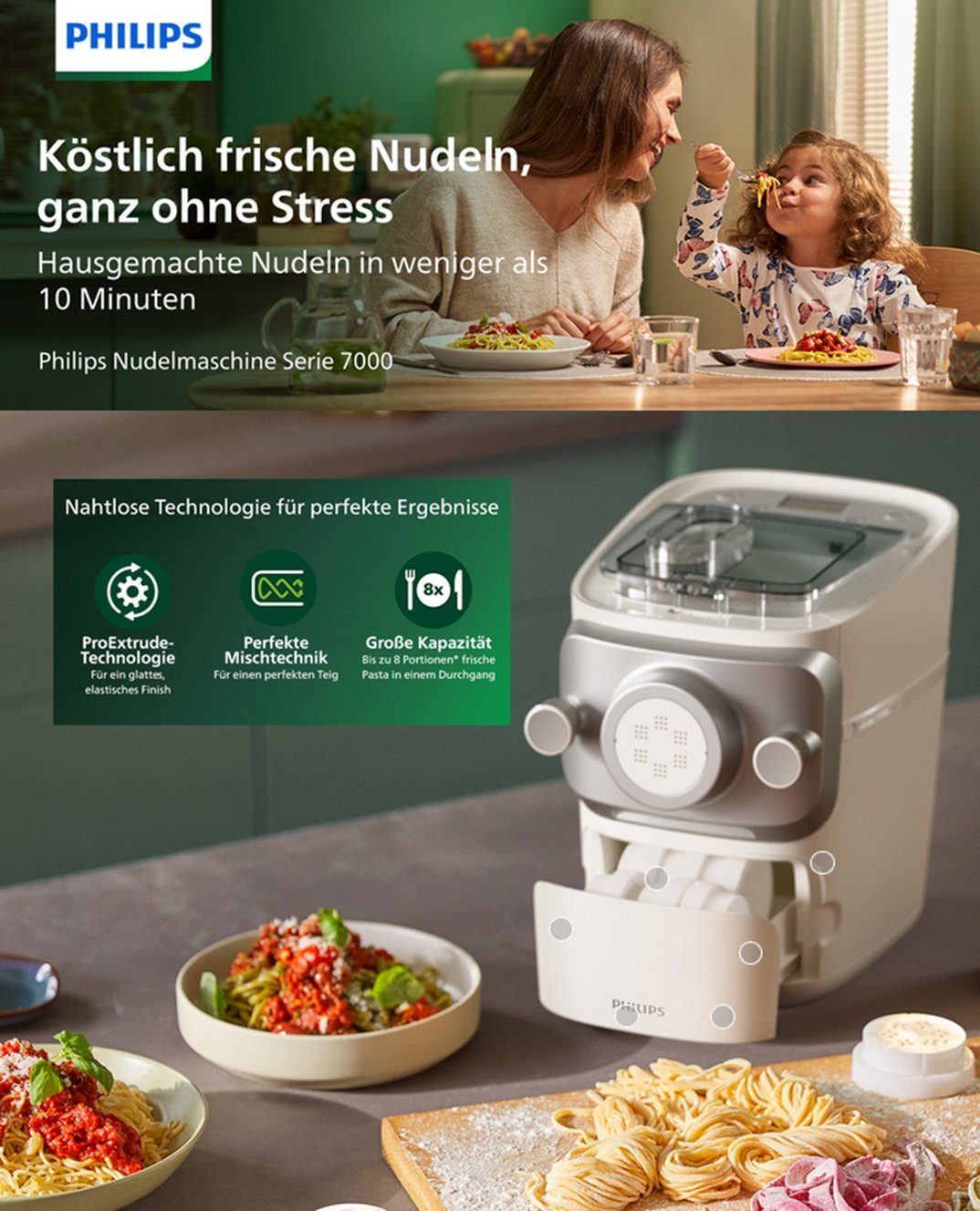 Philips Nudelmaschine Serie 7000,Weiß,Nudelmaschine,Elektrisch,Nudel Maschine,Pastamaker, 200,00 W, Pasta Maschine,Nudel herstellen,mit Formscheiben,Nudelmaschinen
