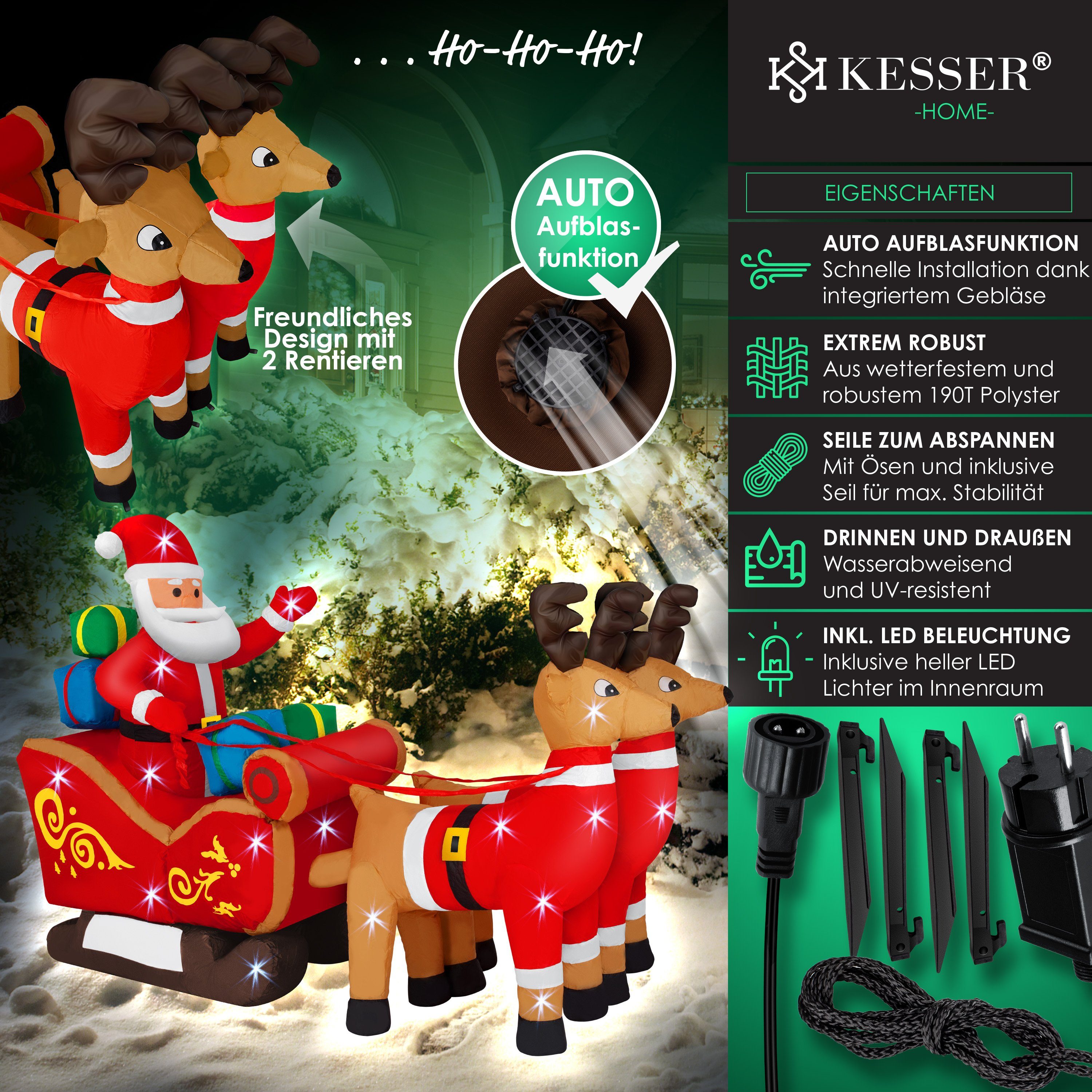 KESSER Weihnachtsfigur, Aufblasbarer Weihnachtsmann Schlitten XXL Nikolaus Rentier