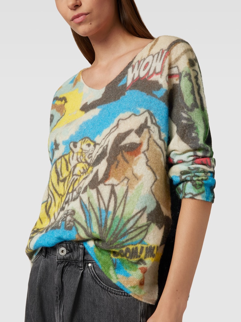 Strickpullover mit Allover-Motiv-Print in petrol