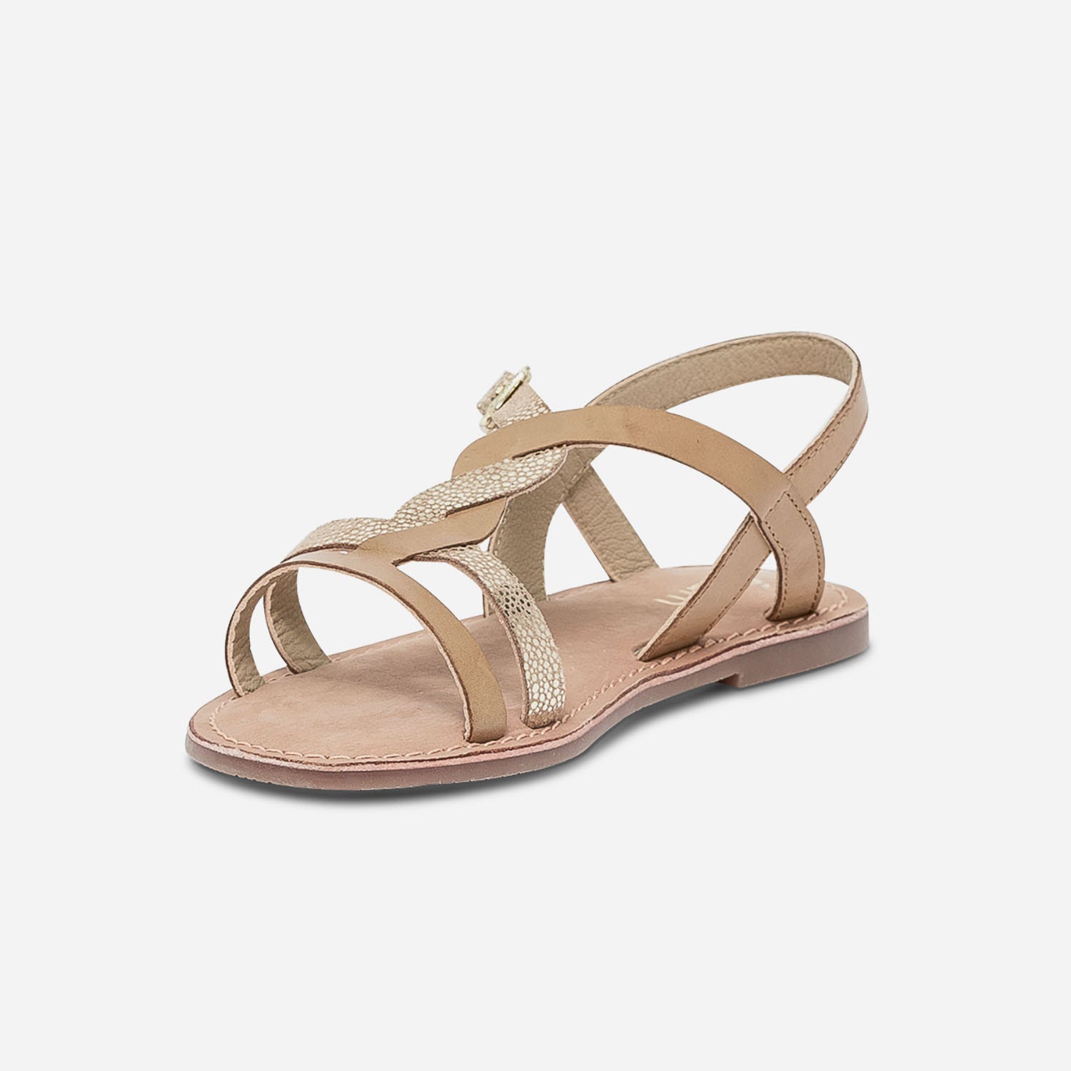 Sandale camel en cuir lisse et imprimé