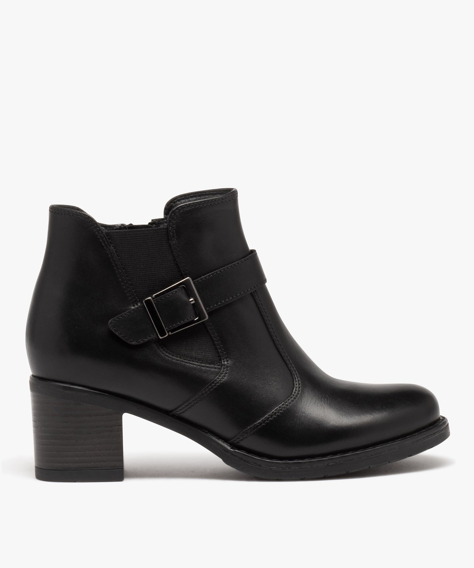 Boots femme dessus en cuir uni à talon carré noir | GEMO