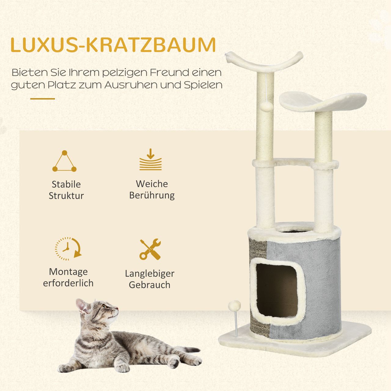 PawHut Kratzbaum, Katzenbaum mit Katzenhöhle, Kletterbaum, Katzenkratzbaum