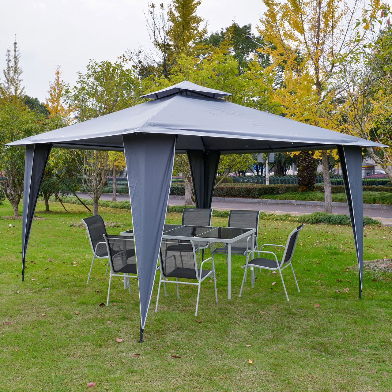 Outsunny Pavillon Partyzelt mit Doppeldach 3,5x3,5x2,7m Festzelt Gartenlaube Metall Polyester Grau