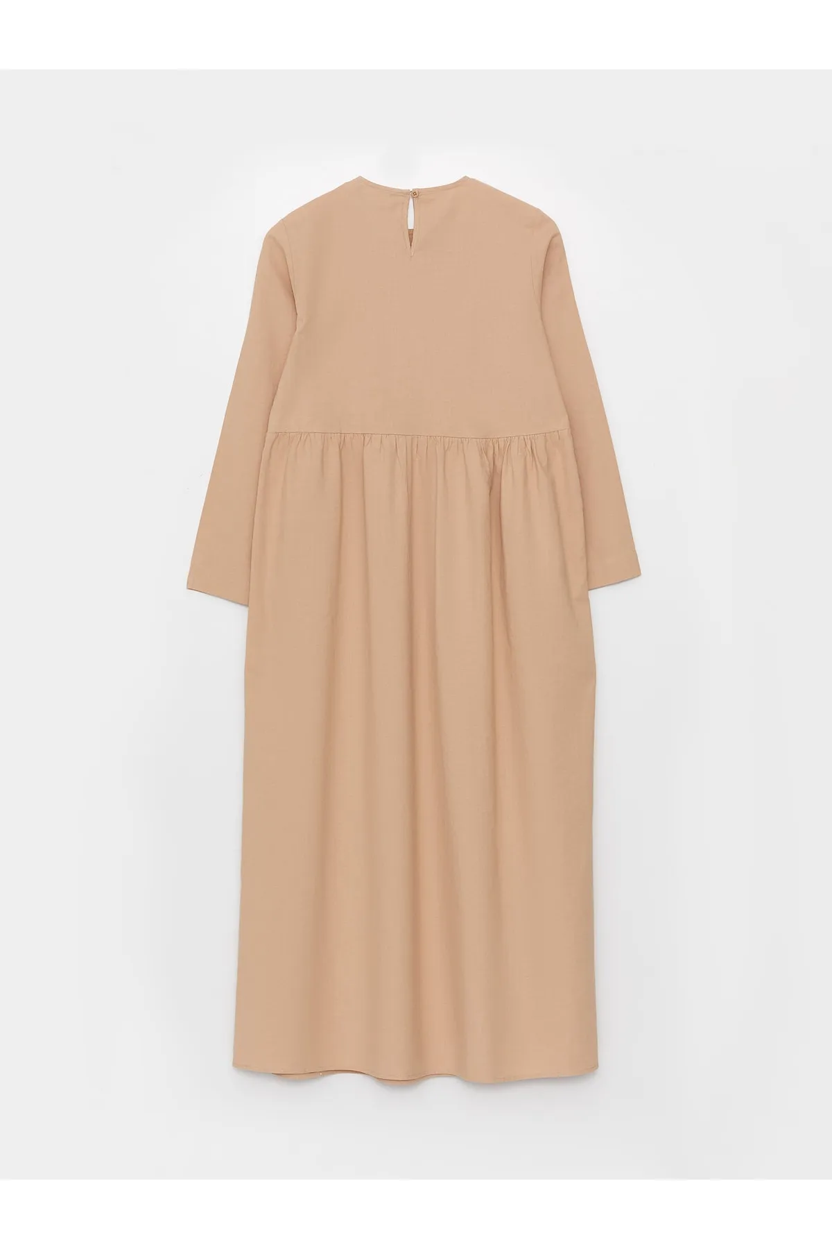 LC Waikiki  Gerades, langärmliges Damenkleid aus Leinenmischung mit Rundhalsausschnitt