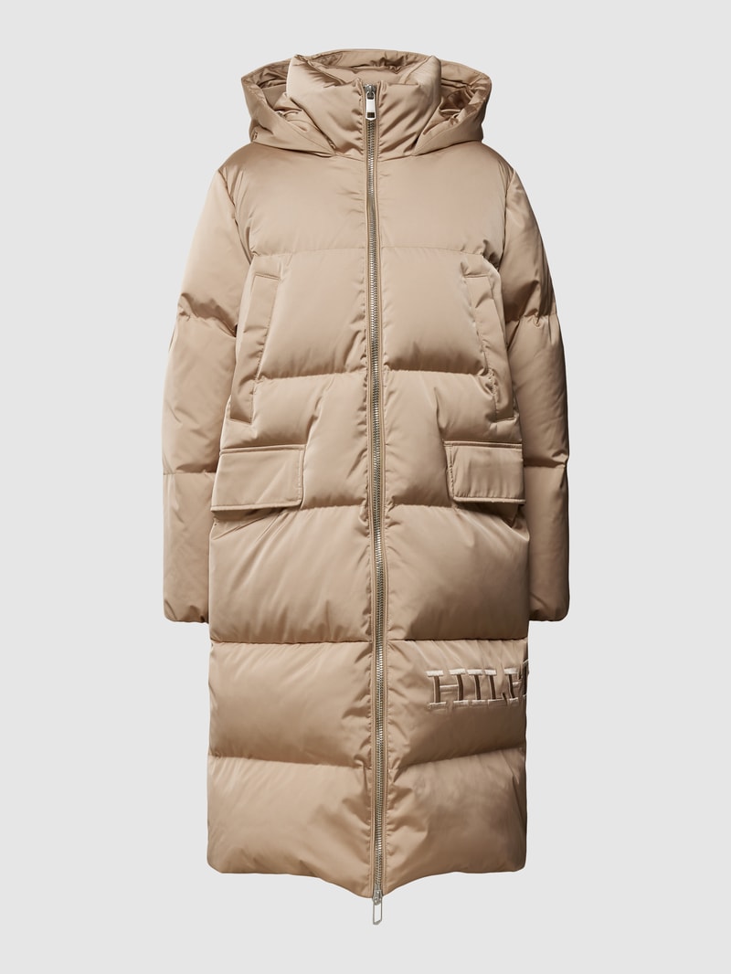 Daunenmantel mit Label-Stitching und Pattentaschen in beige