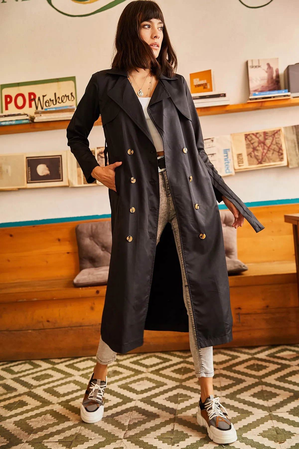 Olalook  Trenchcoat - Schwarz - Zweireihig