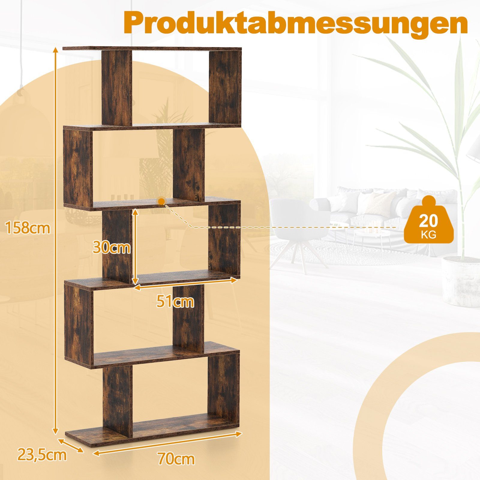 COSTWAY Bücherregal, Raumteiler mit 5 Ebenen, 70 x 23,5 x 158 cm