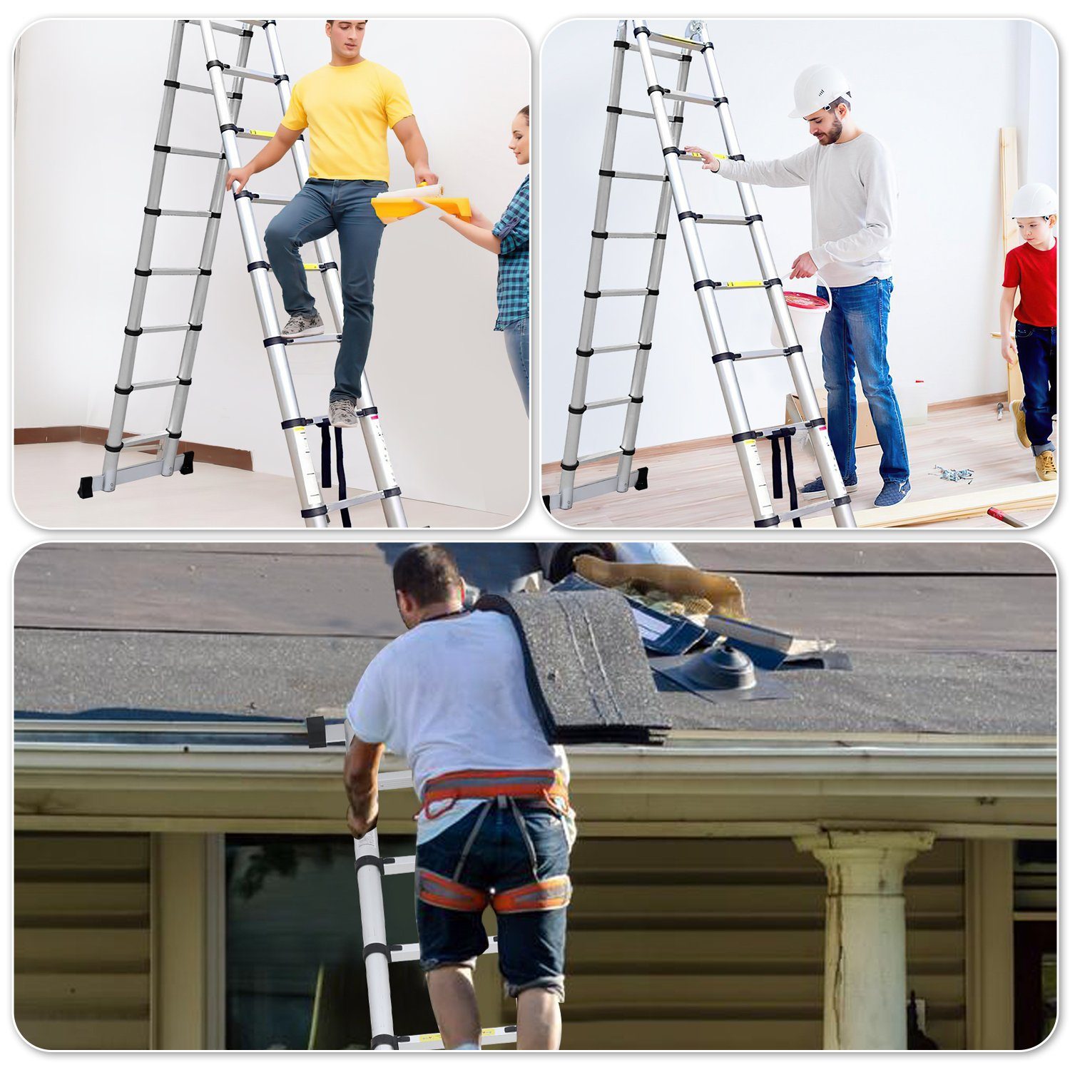Yakimz Teleskopleiter Teleskopleiter Alu 2.5+2.5m mit Stabilisator Rädern Anlegeleiter gelb