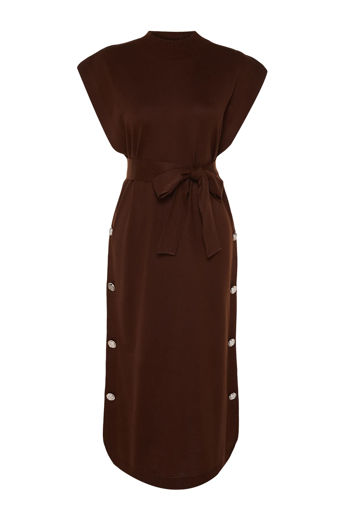 Trendyol Modest  Dunkelbraunes Strickpulloverkleid mit Knöpfen und Details TCTAW24UV00038