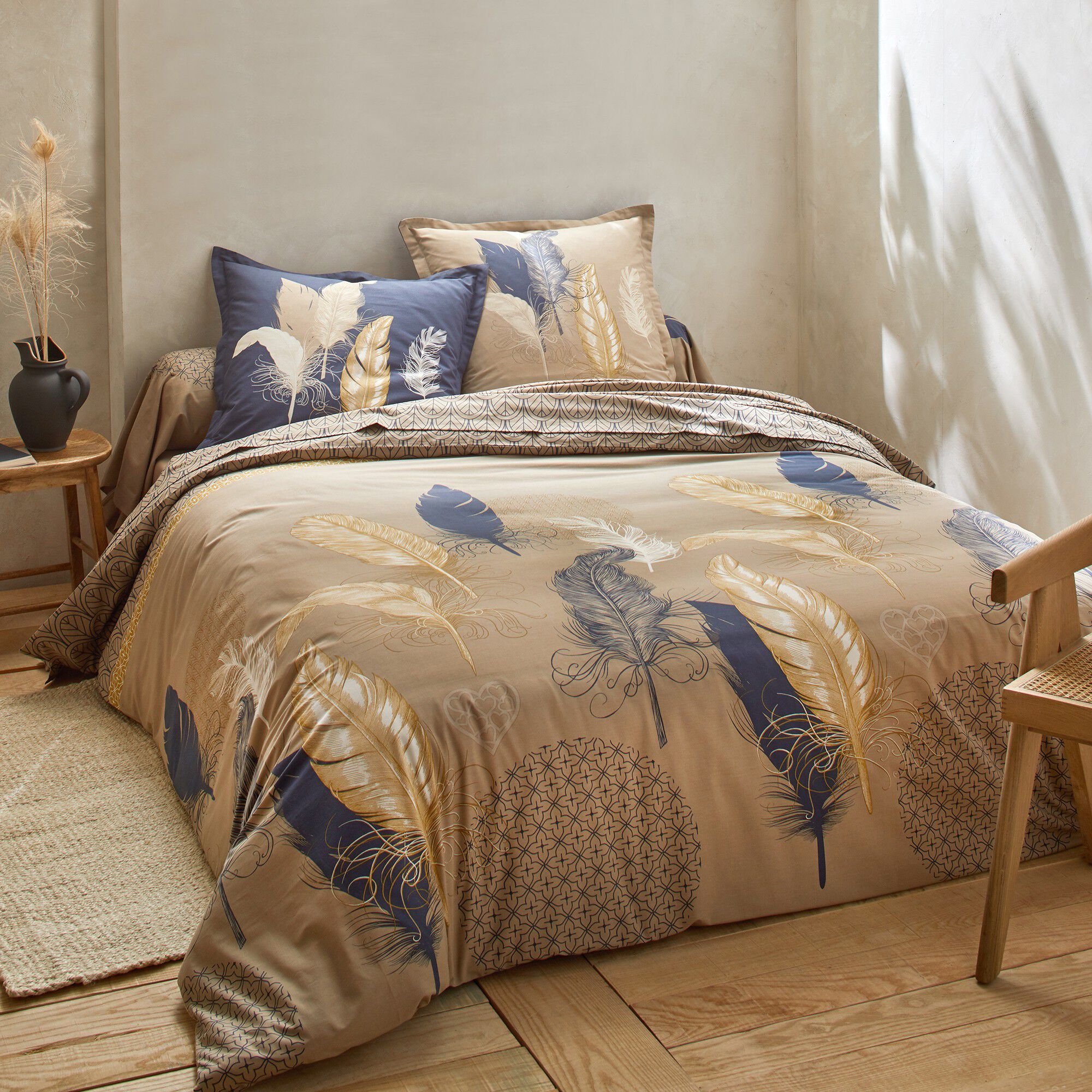 Linge de lit Pauline en coton imprimé plumes